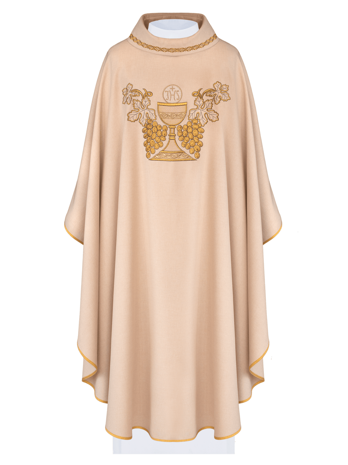 Front view of Ecru Chasuble Embroidered with Chalice, IHS and Grape Motifs in ecru with gold embroidery