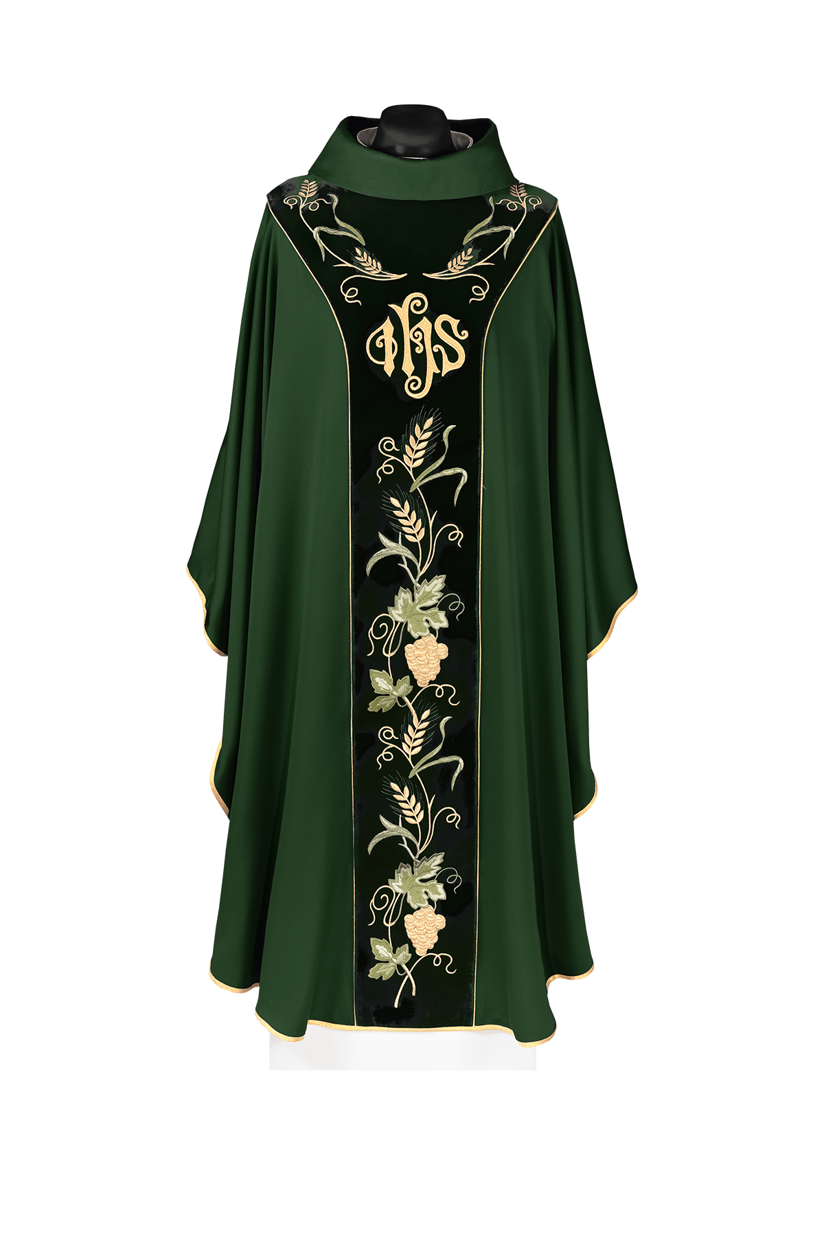 Front view of a chasuble with green velvet band embroidered with the IHS symbol and grapevines