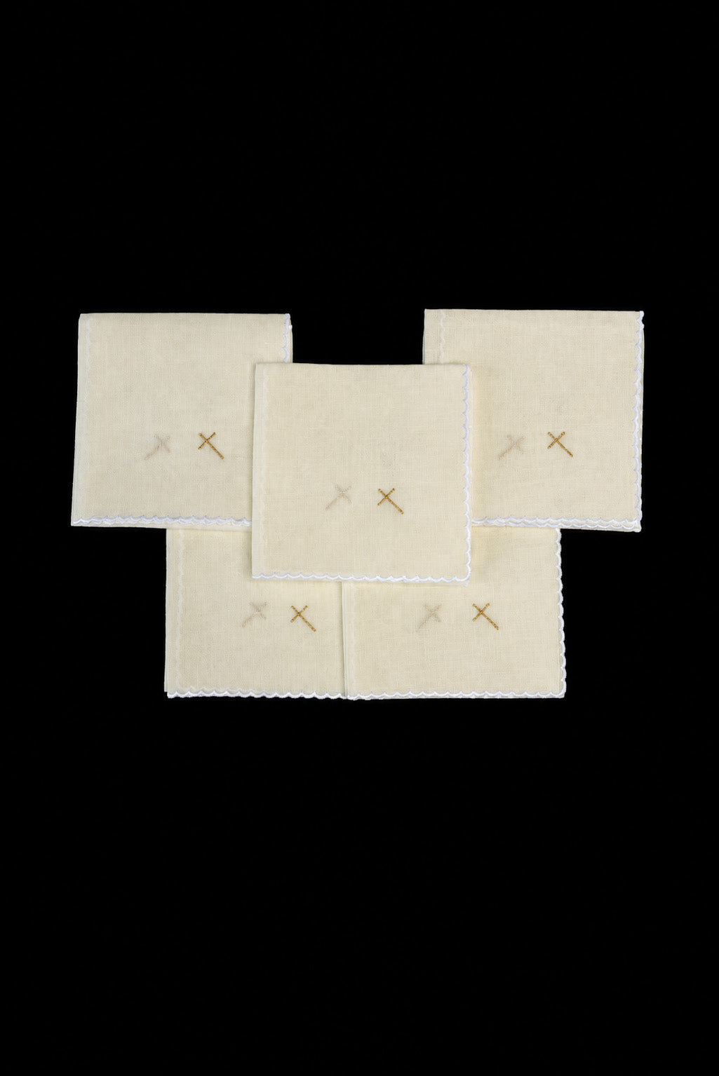 Front view of Set of 5 Linen Corporals Embroidered with a Gold Cross, ecru with white edging