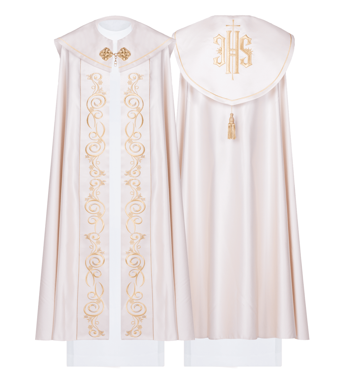 Front and back view of Ecru Liturgical Cope Decorated with Rich Embroidery, with gold scrollwork and monogram