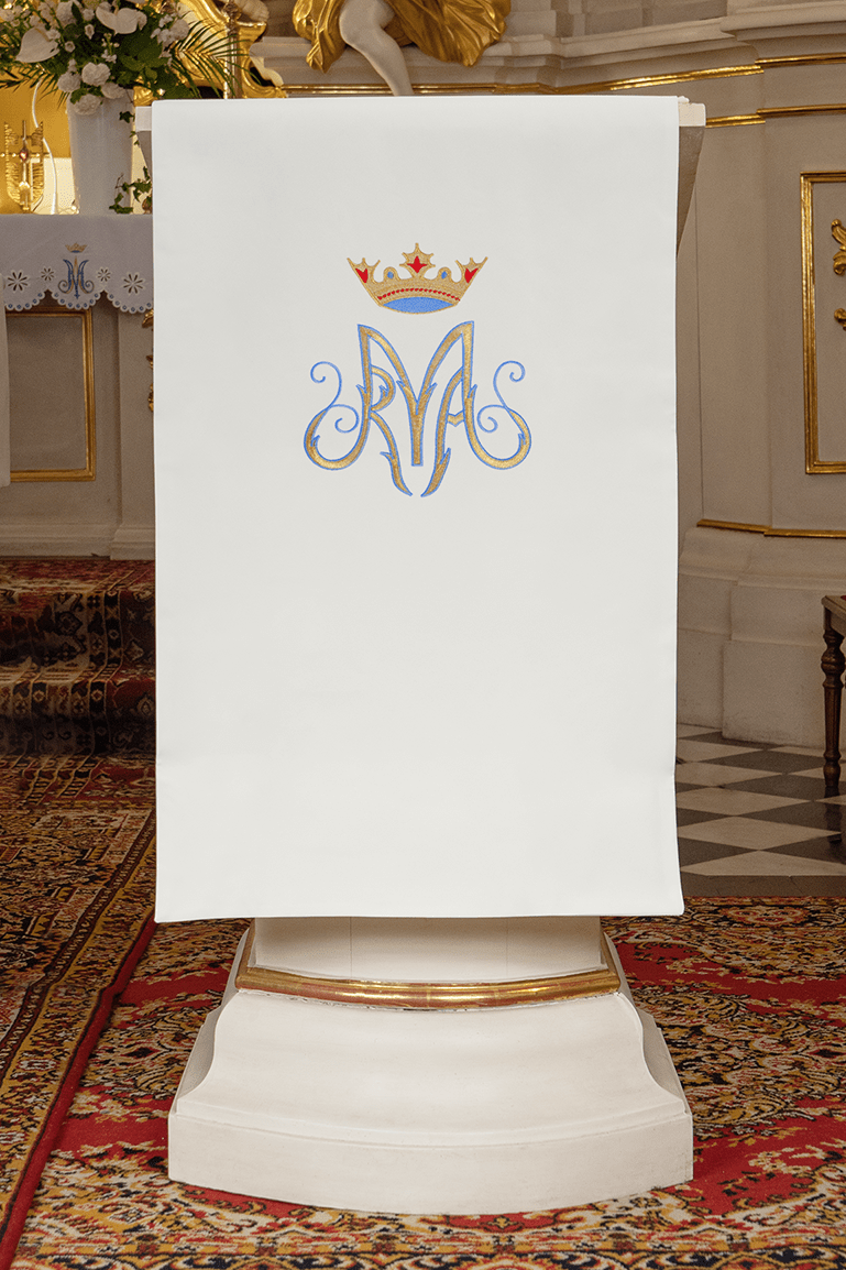 Front view of Ecru Lectern Cloth Embroidered with a Marian Motif, showing a crowned Marian monogram