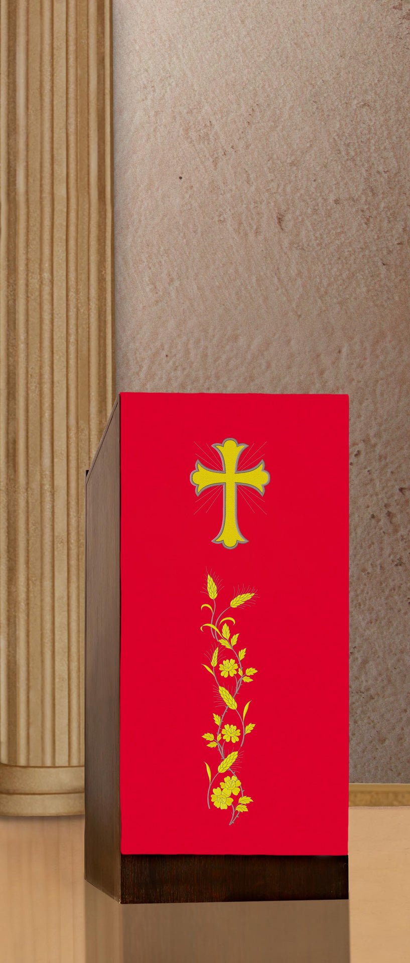 Front view of Red Lectern Cloth Embroidered with Cross and Wheat Motifs, red with gold cross and wheat embroidery