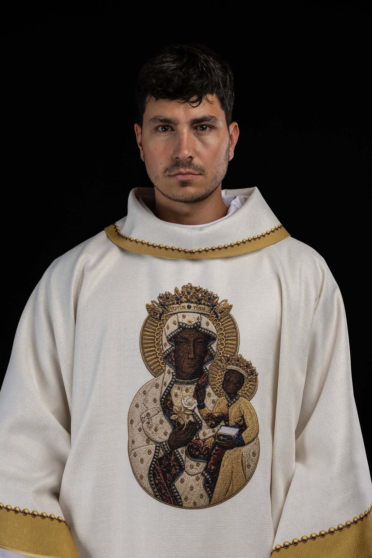 Front view of a Chasuble Printed with an Image of Our Lady of Częstochowa, white with gold trim