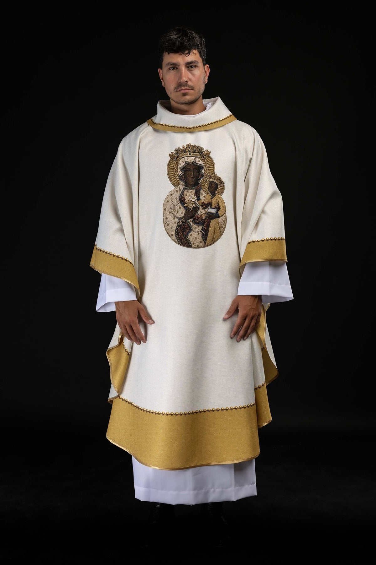 Full front view of the chasuble with a printed Our Lady image and gold borders