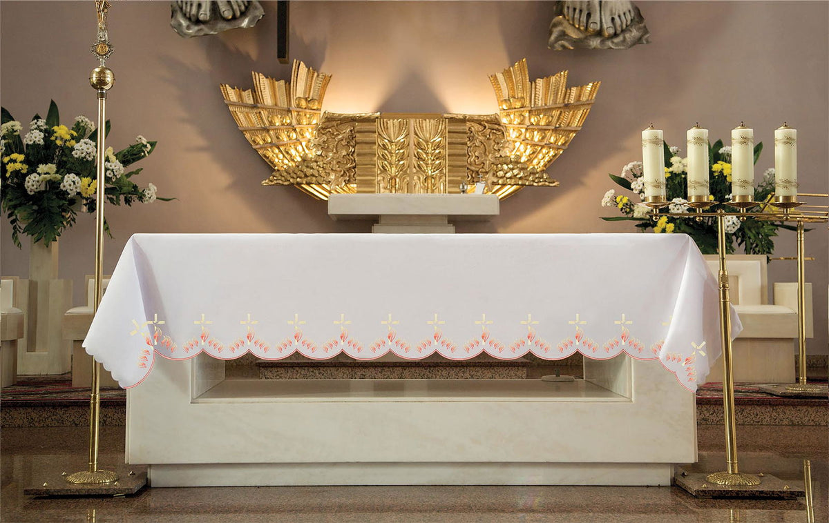 Front view of an altar cloth embroidered with crosses and flames in white with a scalloped edge