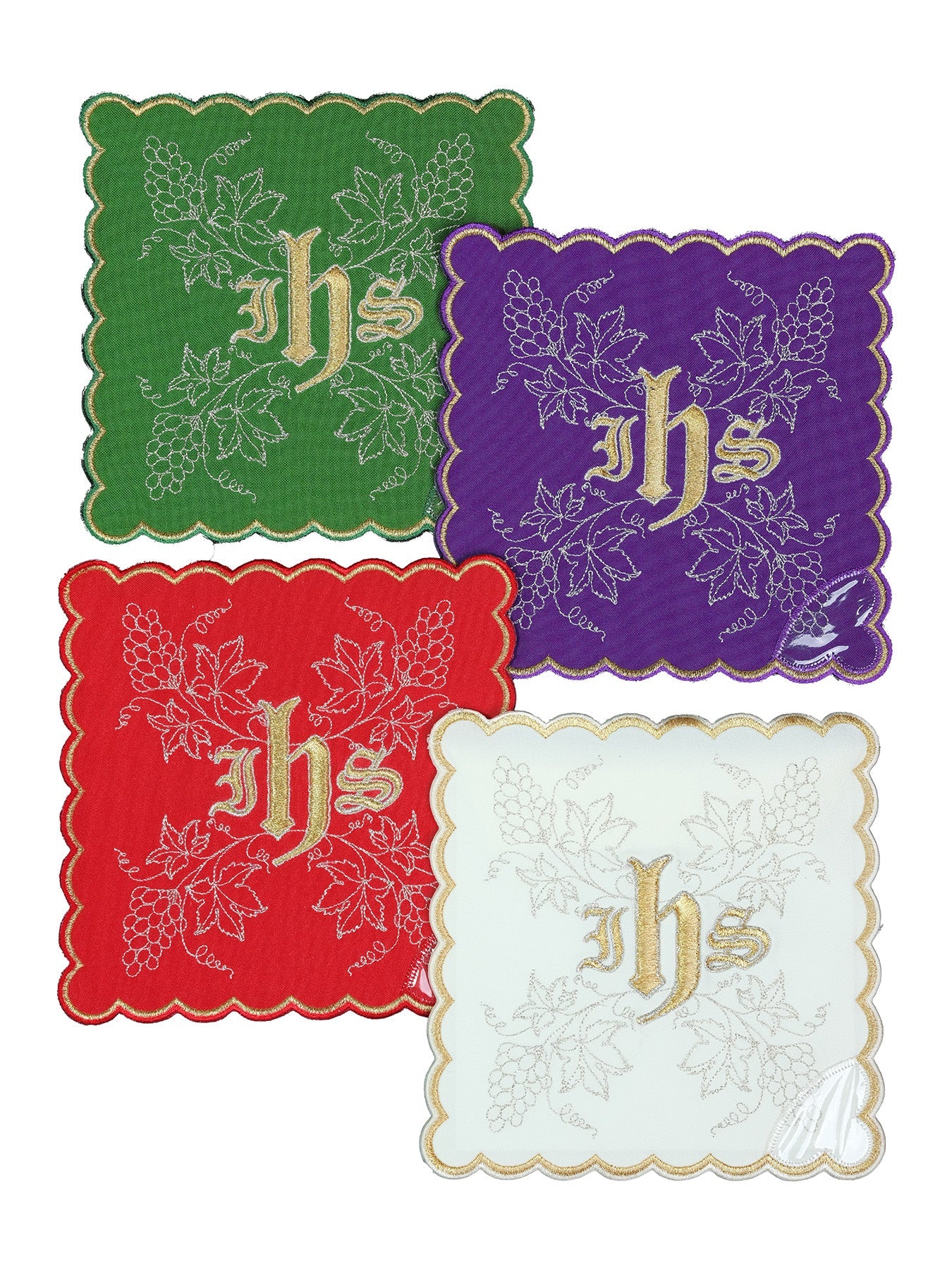 Set of chalice palls with the IHS symbol in four liturgical colors