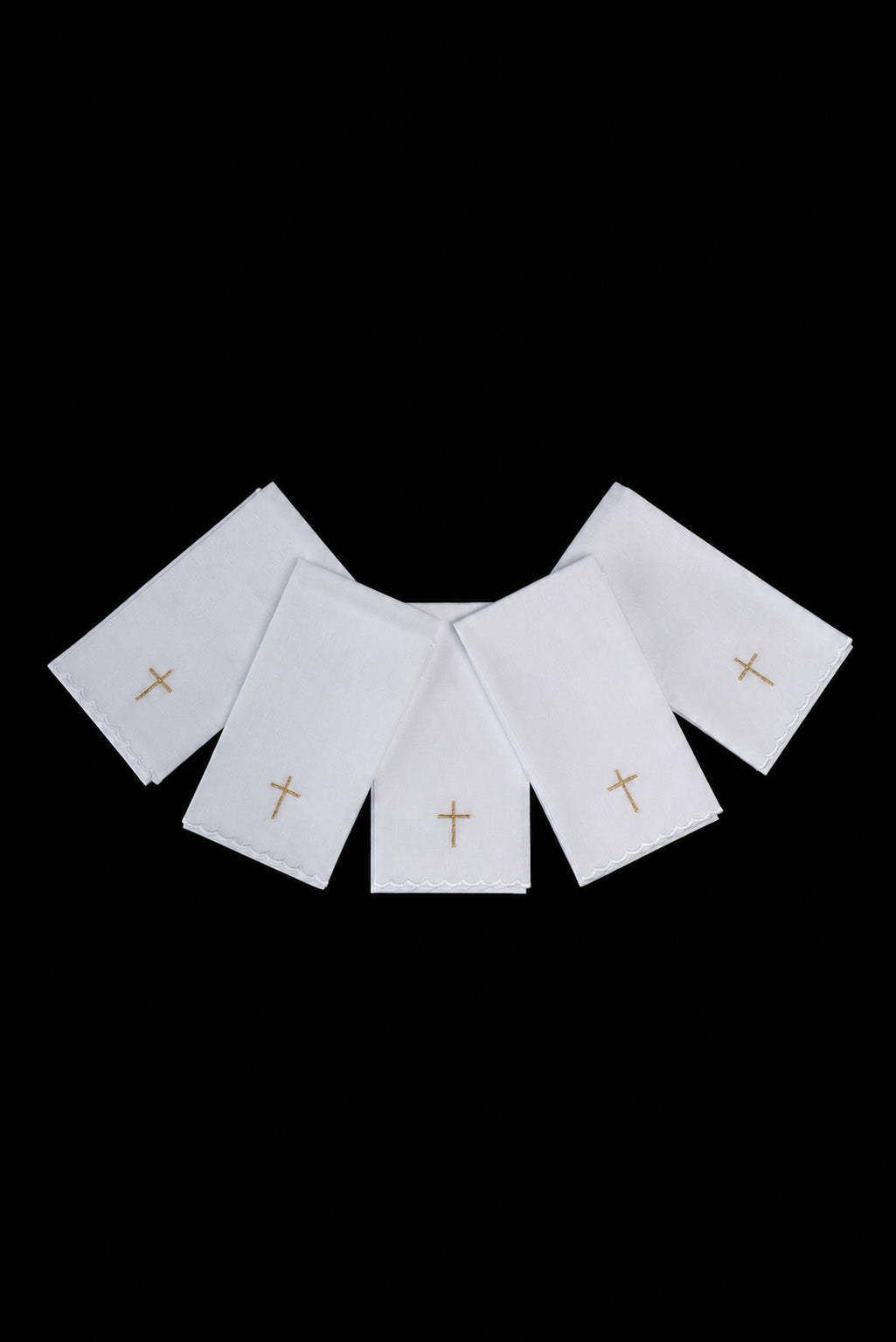 Front view of Set of 5 Purificators Embroidered with a Gold Cross, white with five gold crosses