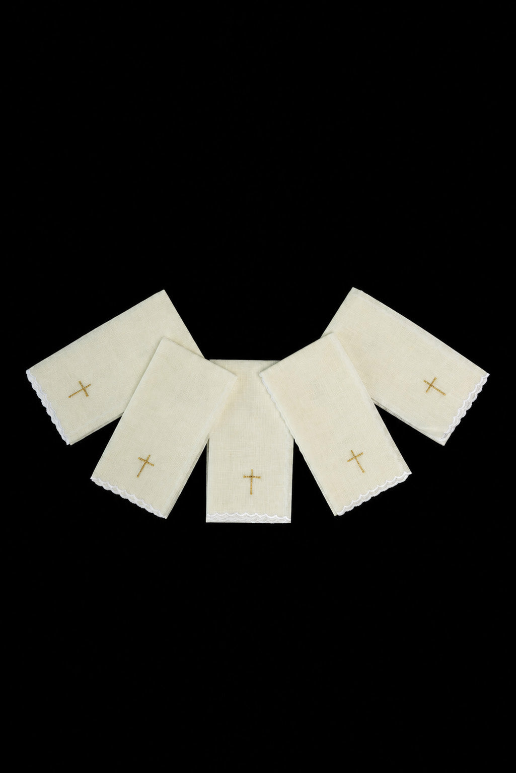 Front view of Purificator Set Embroidered with a Gold Cross, ecru linen with gold cross embroidery