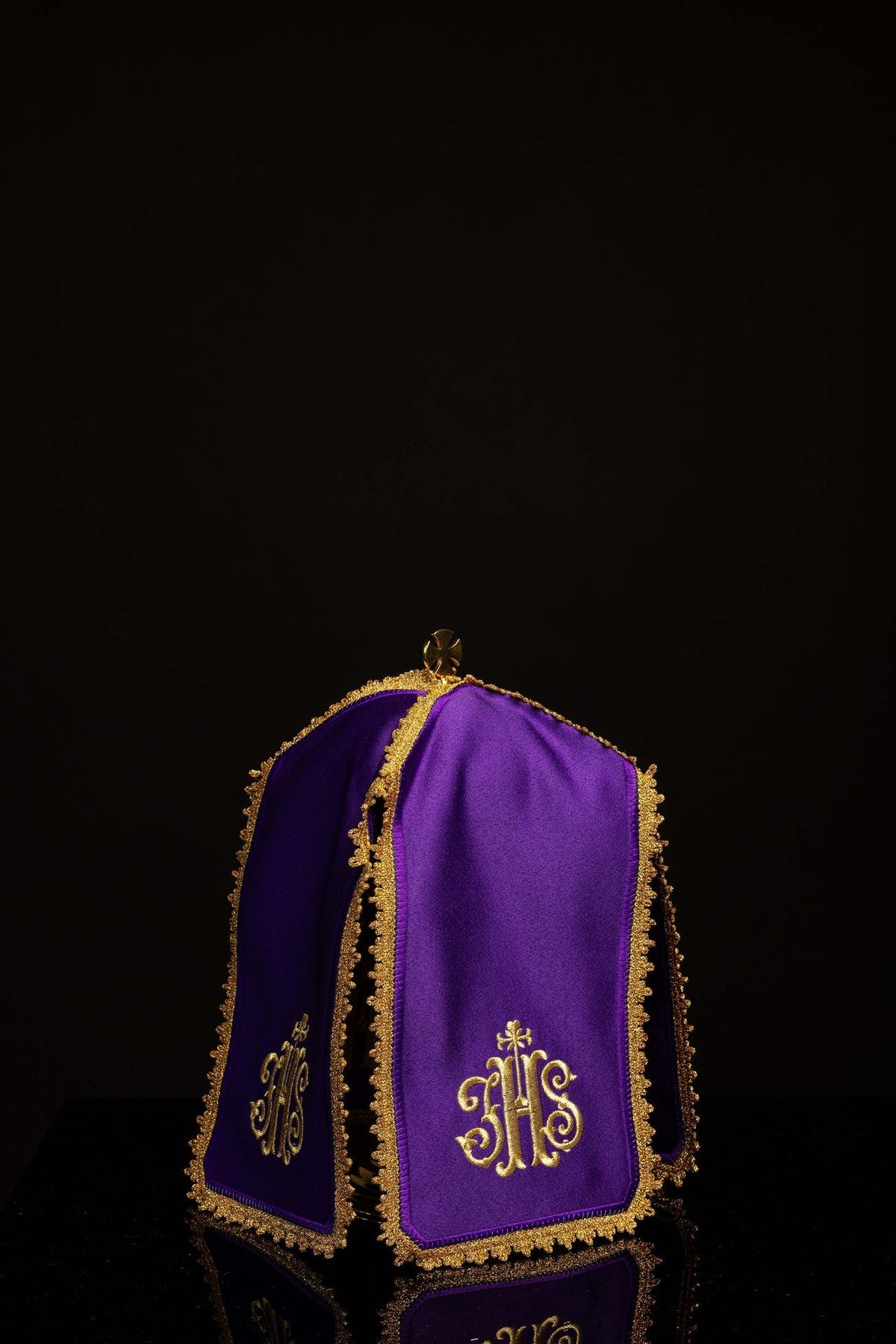 Front view of Purple Ciborium Veil Embroidered with Gold IHS, showing purple panels and gold trim