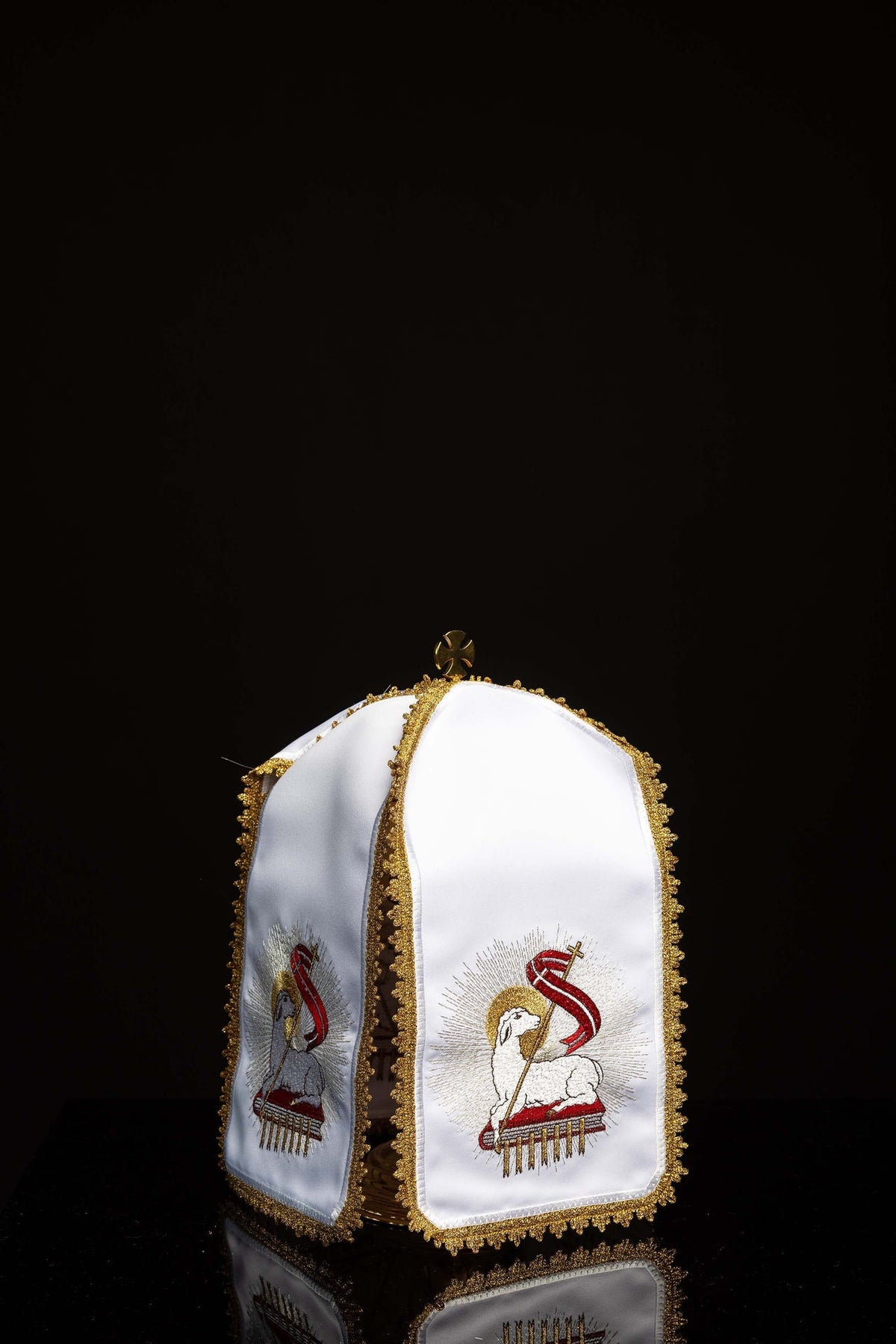 Front view of Ciborium Veil Embroidered with a Paschal Lamb, white with gold trim and lamb embroidery