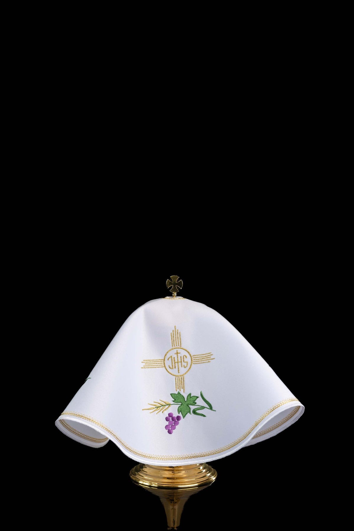 Front view of the ciborium veil showing IHS, wheat, grapes and green leaves embroidery