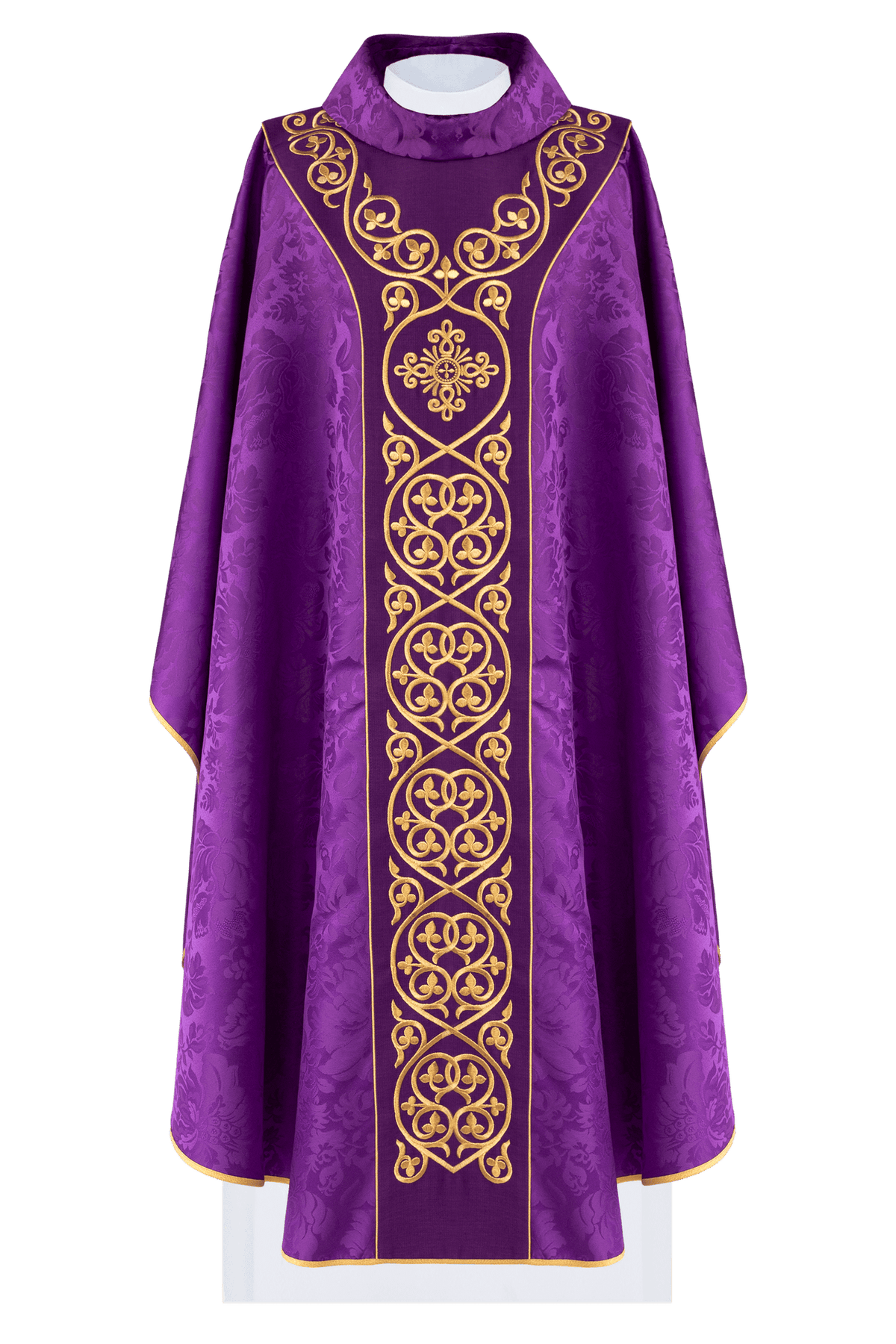 Front view of a Purple Liturgical Chasuble Embroidered with a Velvet Orphrey, featuring gold embroidery and stand-up collar