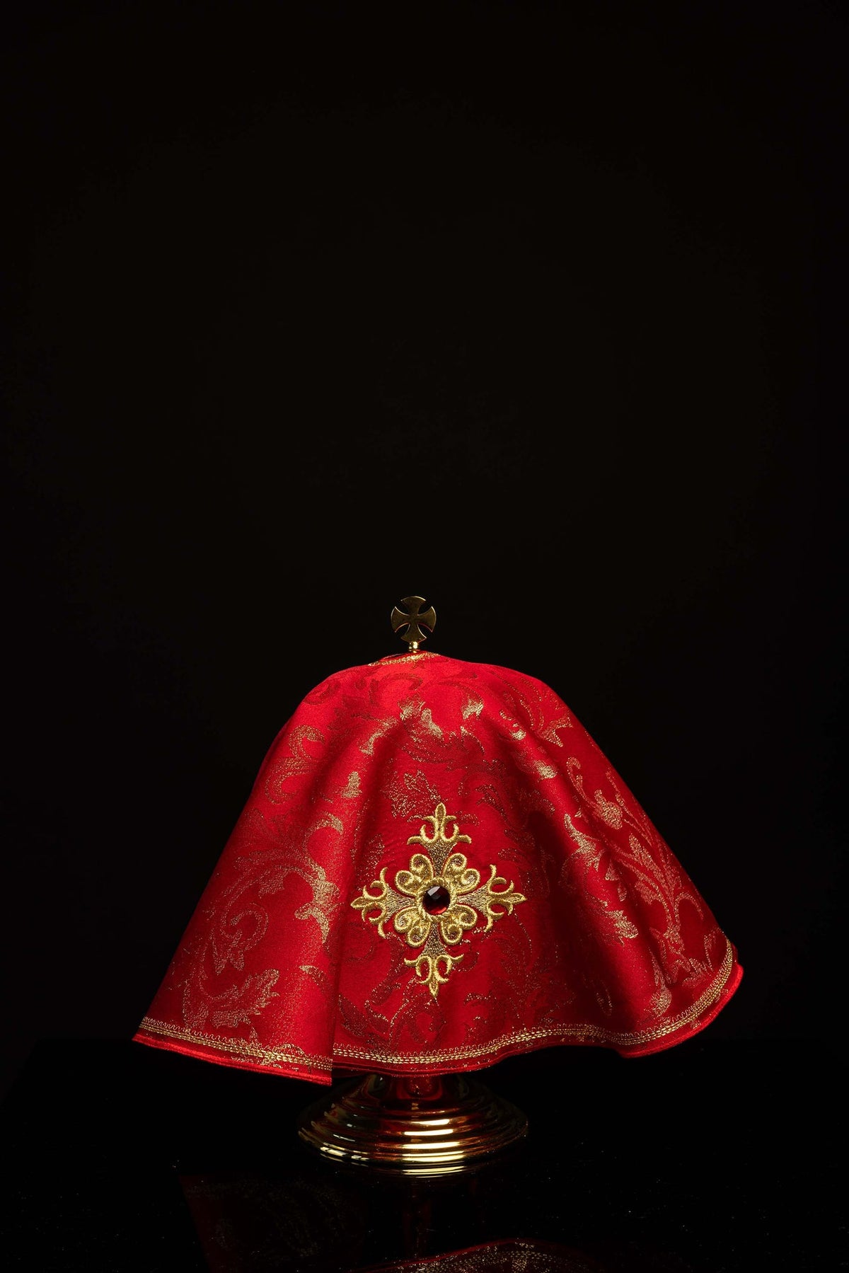 Front view of Red Ciborium Veil Embroidered with a Cross and Red Stone