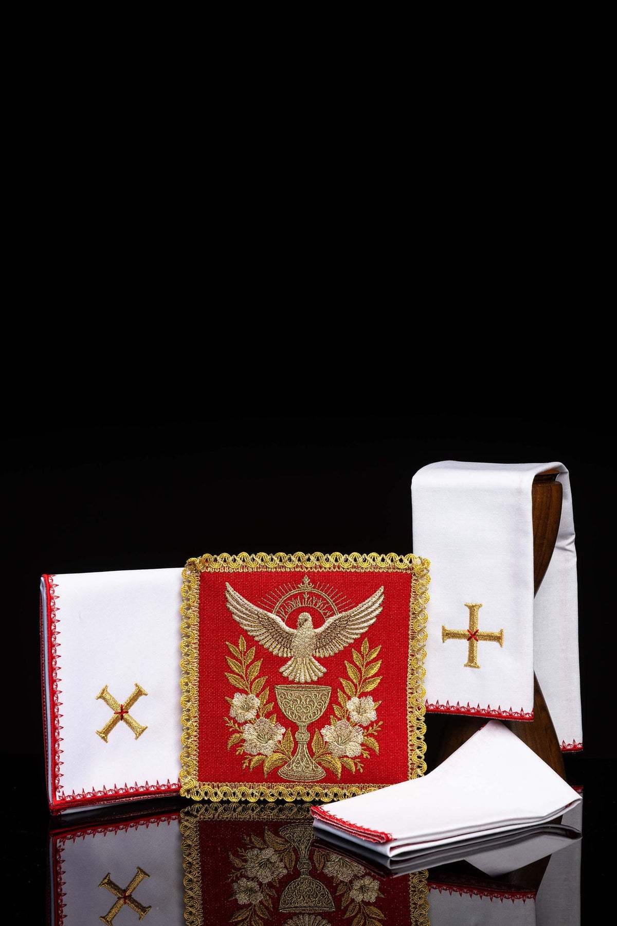 Front view of Red Altar Linen Set Embroidered with Holy Spirit and Communion Chalice, showing the full set