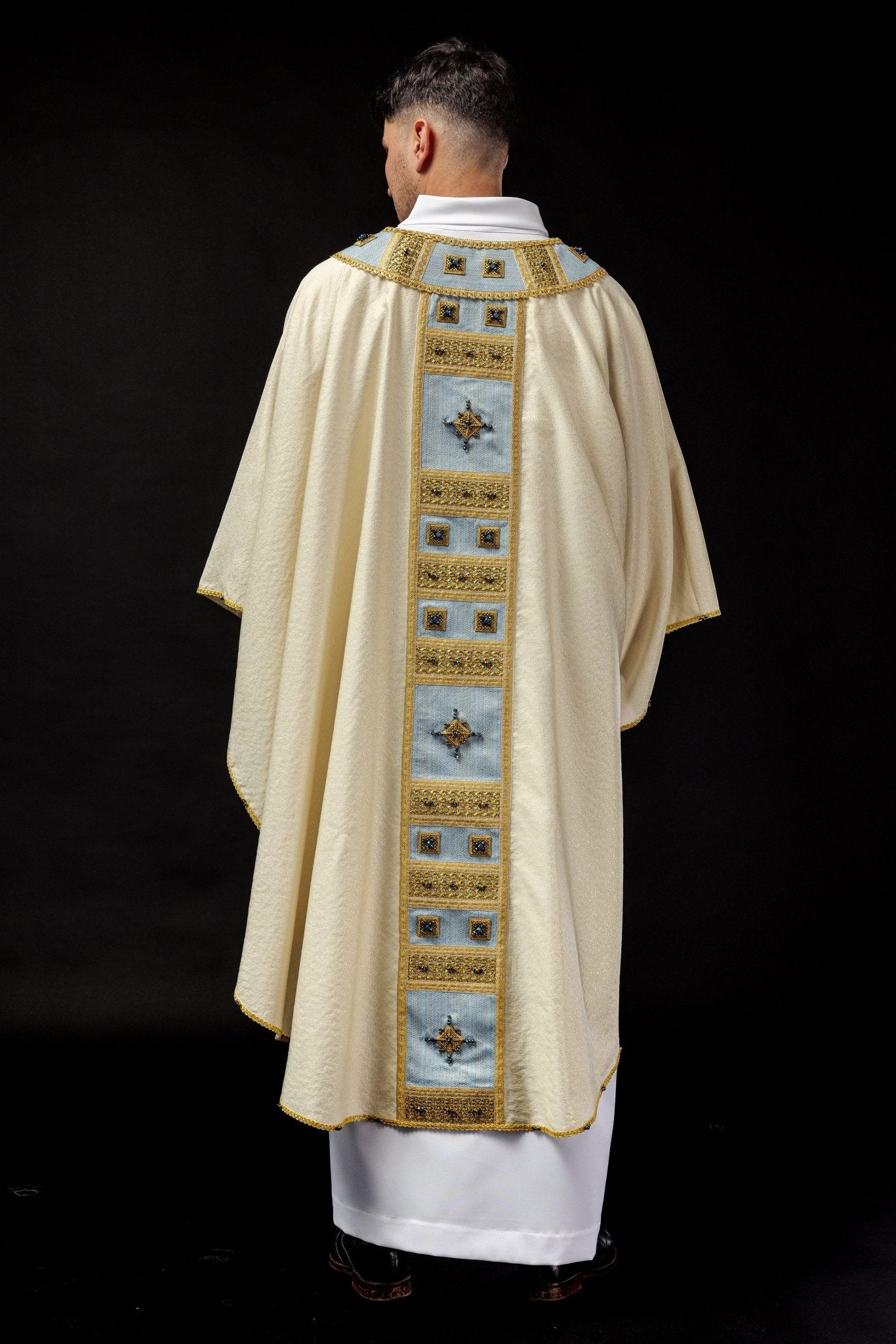 Light blue chasuble with natural stones Handmade 7004 HM/7004/05/95 - HAFTINAUSA.COM