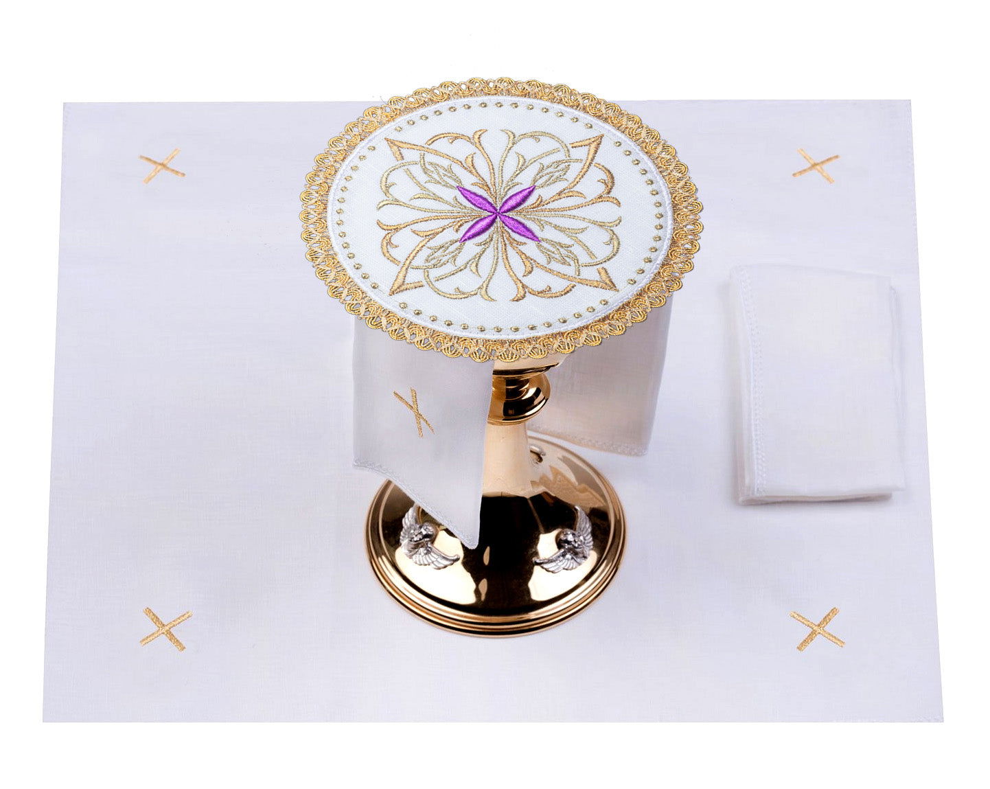 Linen chalice set with purple floral cross motif on round toe S - 5029 - C3 - HAFTINAUSA.COM