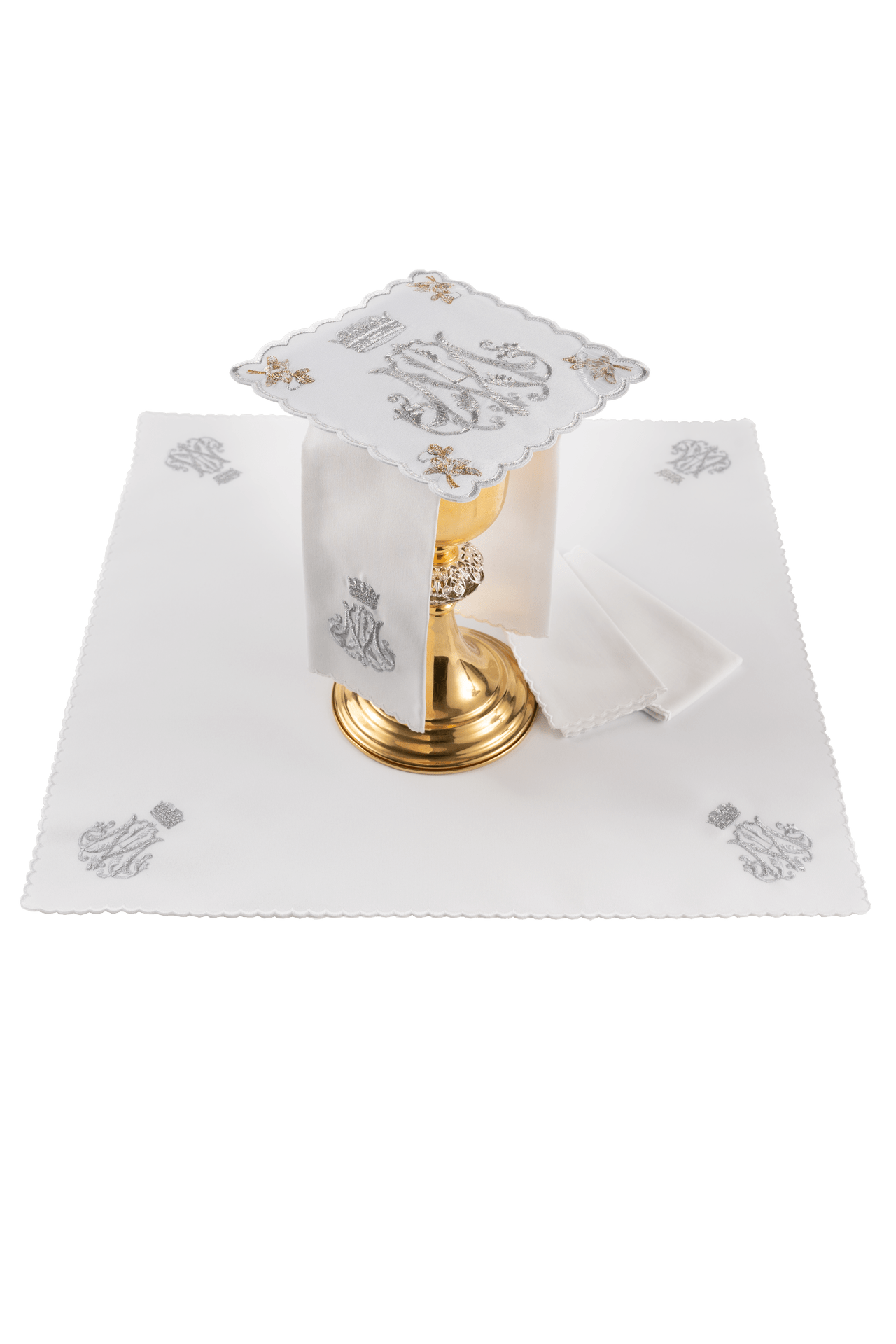 Liturgical chalice linens set with embroidered Marian motif KDT/5044/04 BIAŁY - CHASUBLES.COM