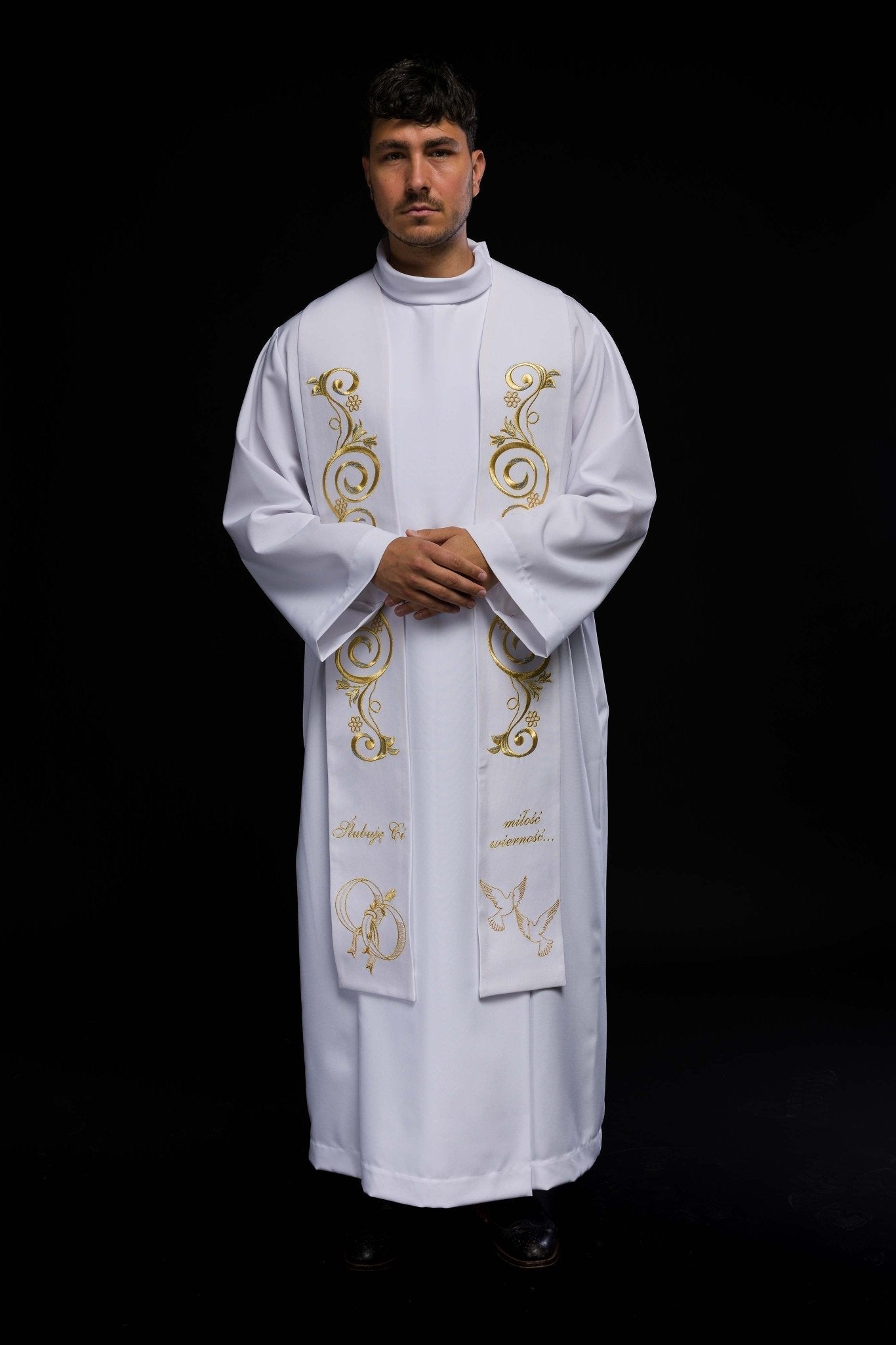 Long embroidered Wedding stole in white KST/412/04/01 BIAŁY - HAFTINAUSA.COM