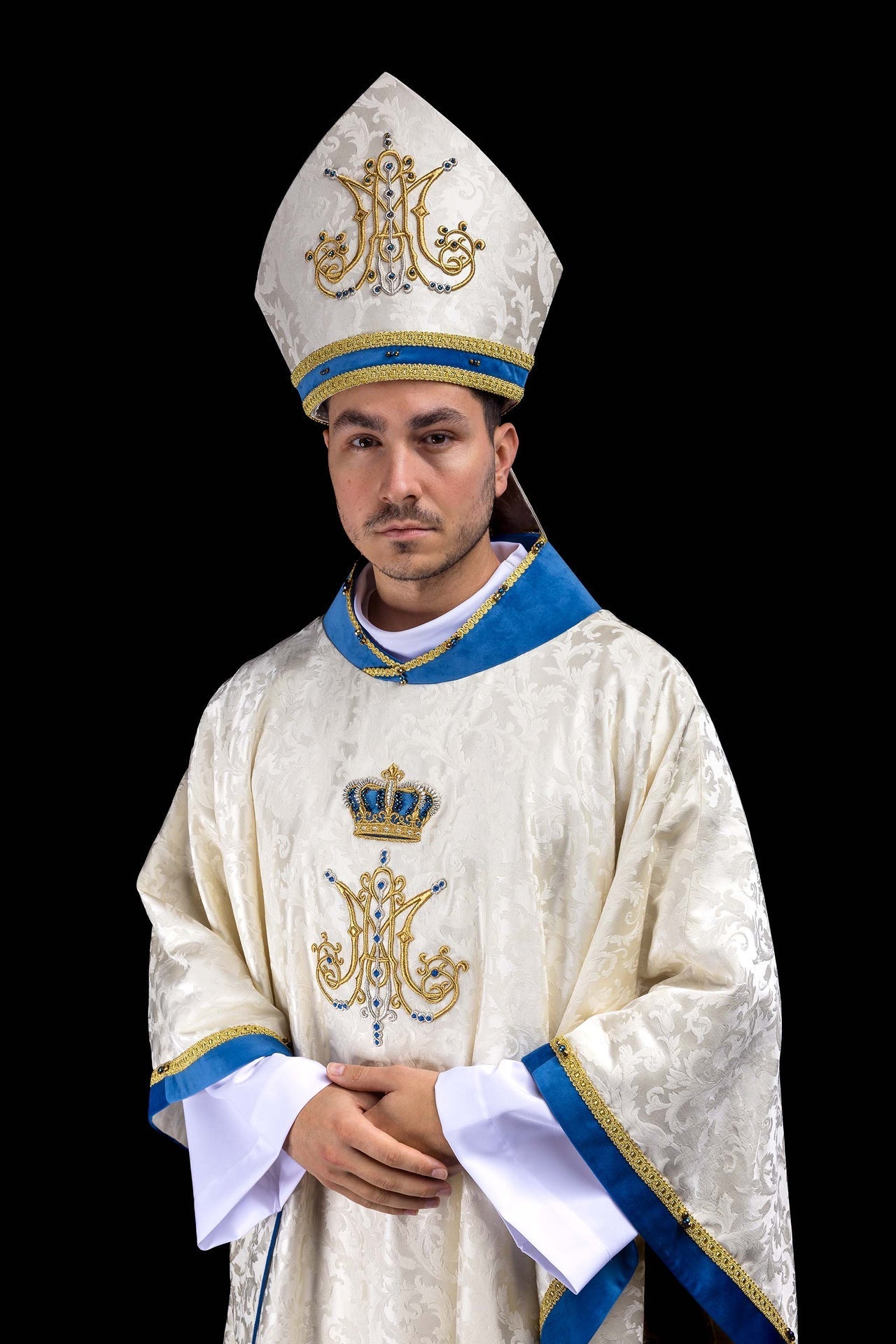 Marian mitre with natural stones Handmade 9006 HM/9006/05/88-1 - CHASUBLES.COM