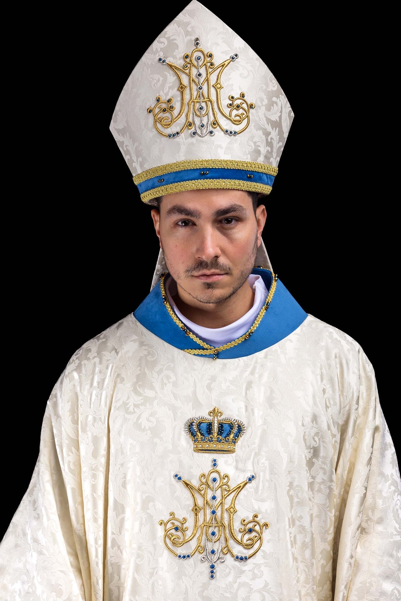 Marian mitre with natural stones Handmade 9006 HM/9006/05/88-1 - CHASUBLES.COM