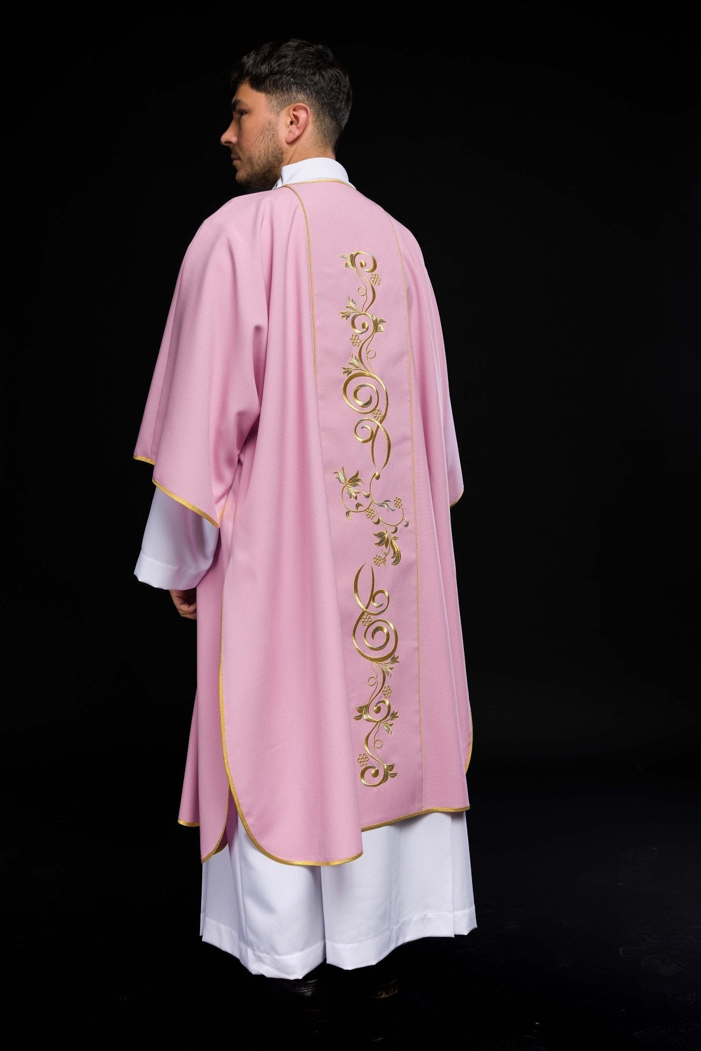 Pink dalmatic with embroidered IHS band KDL/031/08/01/A RÓŻWY DALMATYK - HAFTINAUSA.COM