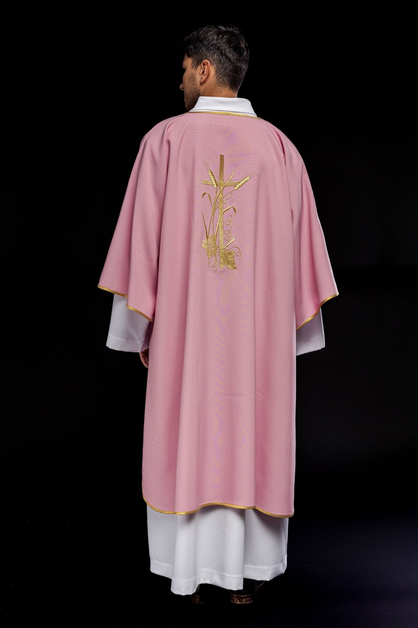 Pink dalmatic with gold Pax cross embroidery KDL/026/08/12/D - HAFTINAUSA.COM