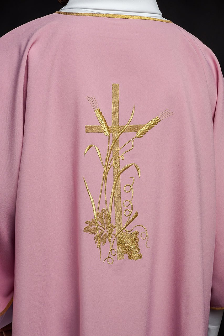 Pink dalmatic with gold Pax cross embroidery KDL/026/08/12/D - HAFTINAUSA.COM