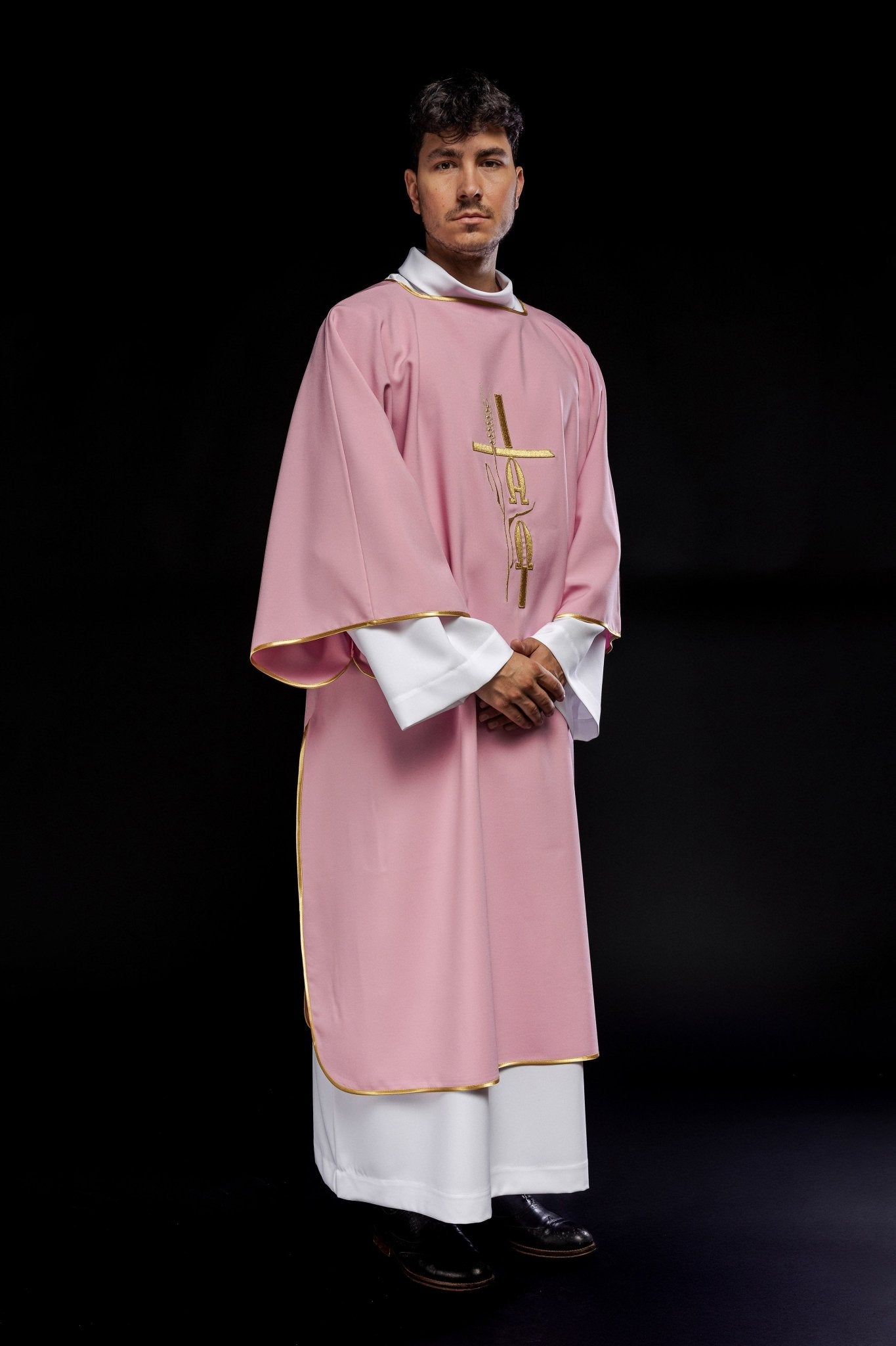Pink deacon dalmatic with Alpha Omega embroidery KDL/013/08/12/D - HAFTINAUSA.COM