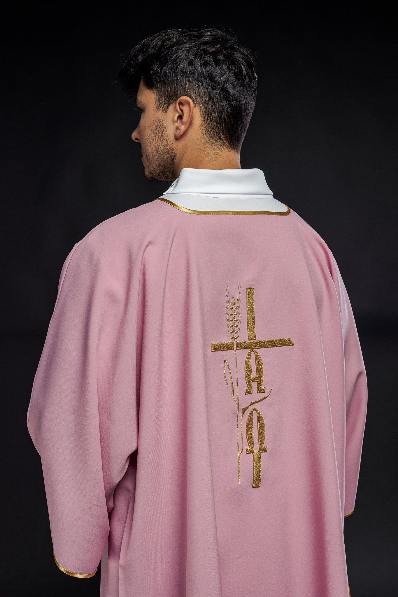 Pink deacon dalmatic with Alpha Omega embroidery KDL/013/08/12/D - HAFTINAUSA.COM