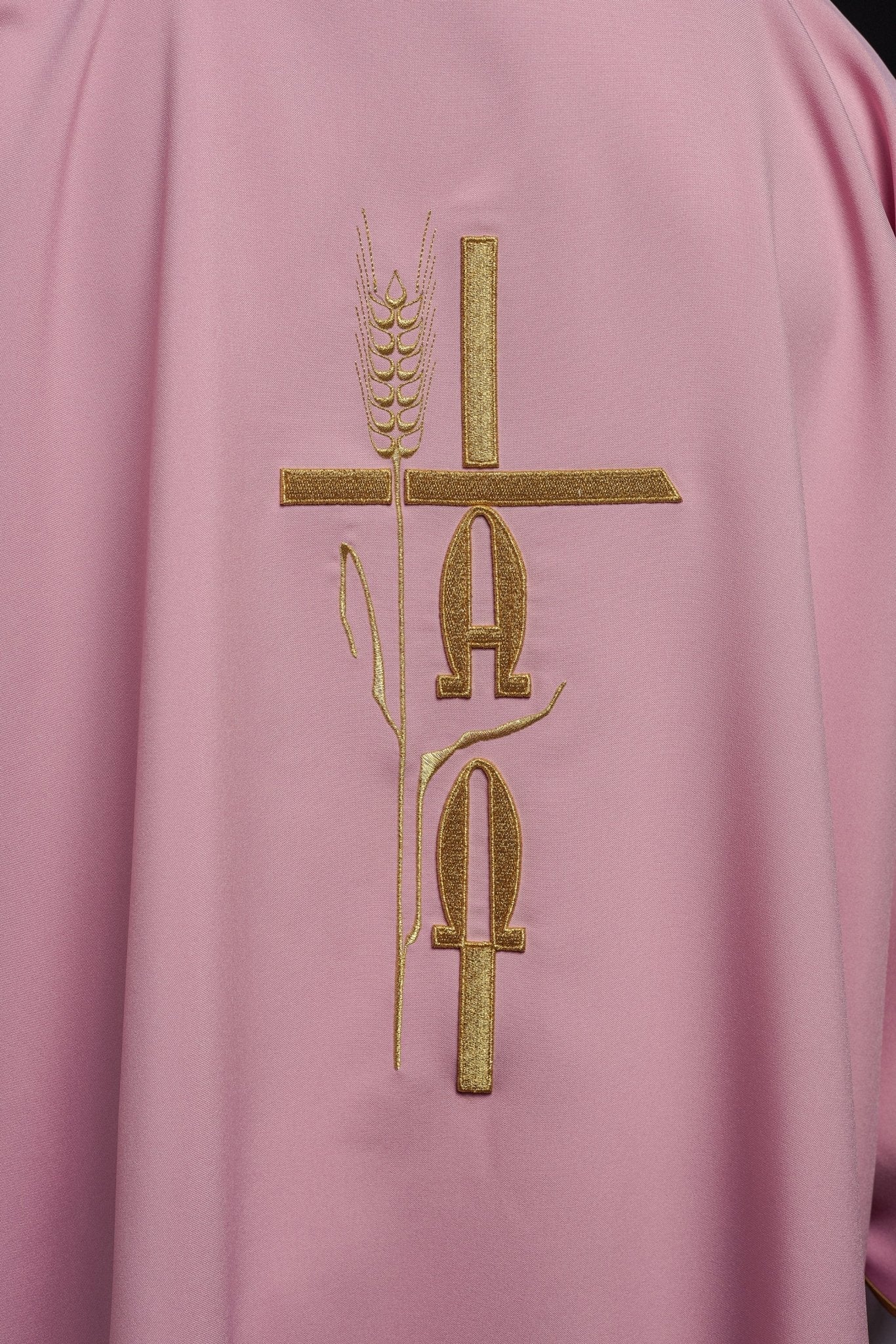 Pink deacon dalmatic with Alpha Omega embroidery KDL/013/08/12/D - HAFTINAUSA.COM