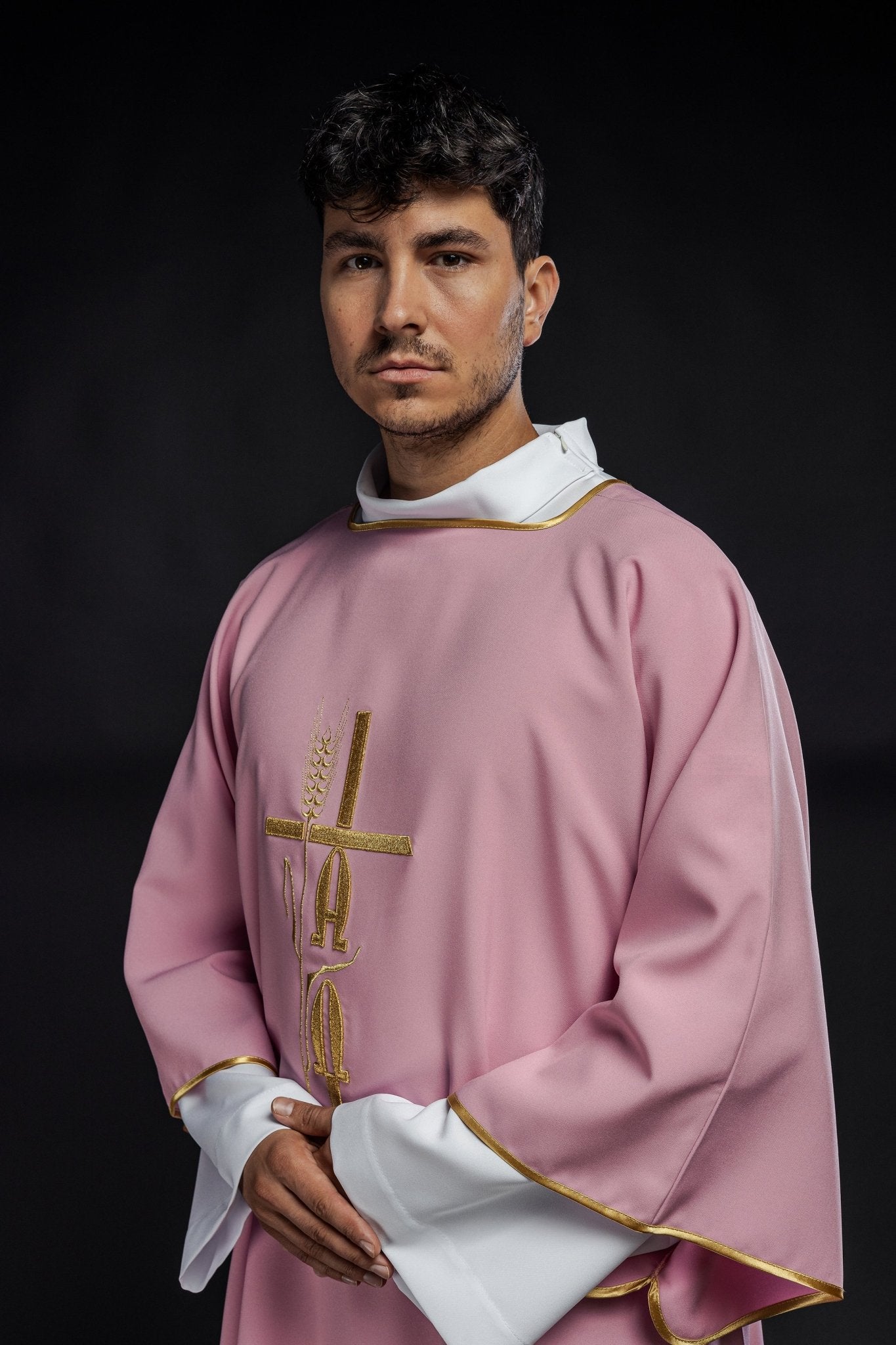 Pink deacon dalmatic with Alpha Omega embroidery KDL/013/08/12/D - HAFTINAUSA.COM