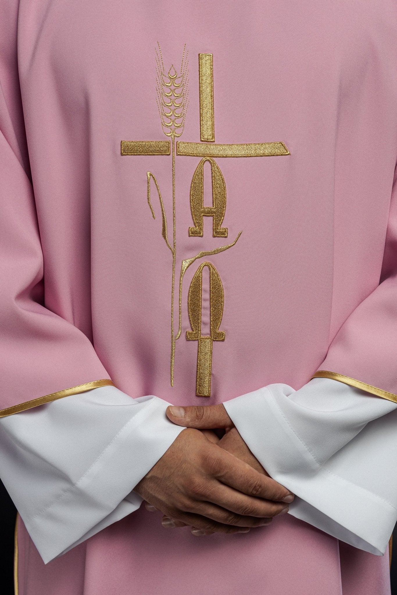 Pink deacon dalmatic with Alpha Omega embroidery KDL/013/08/12/D - HAFTINAUSA.COM