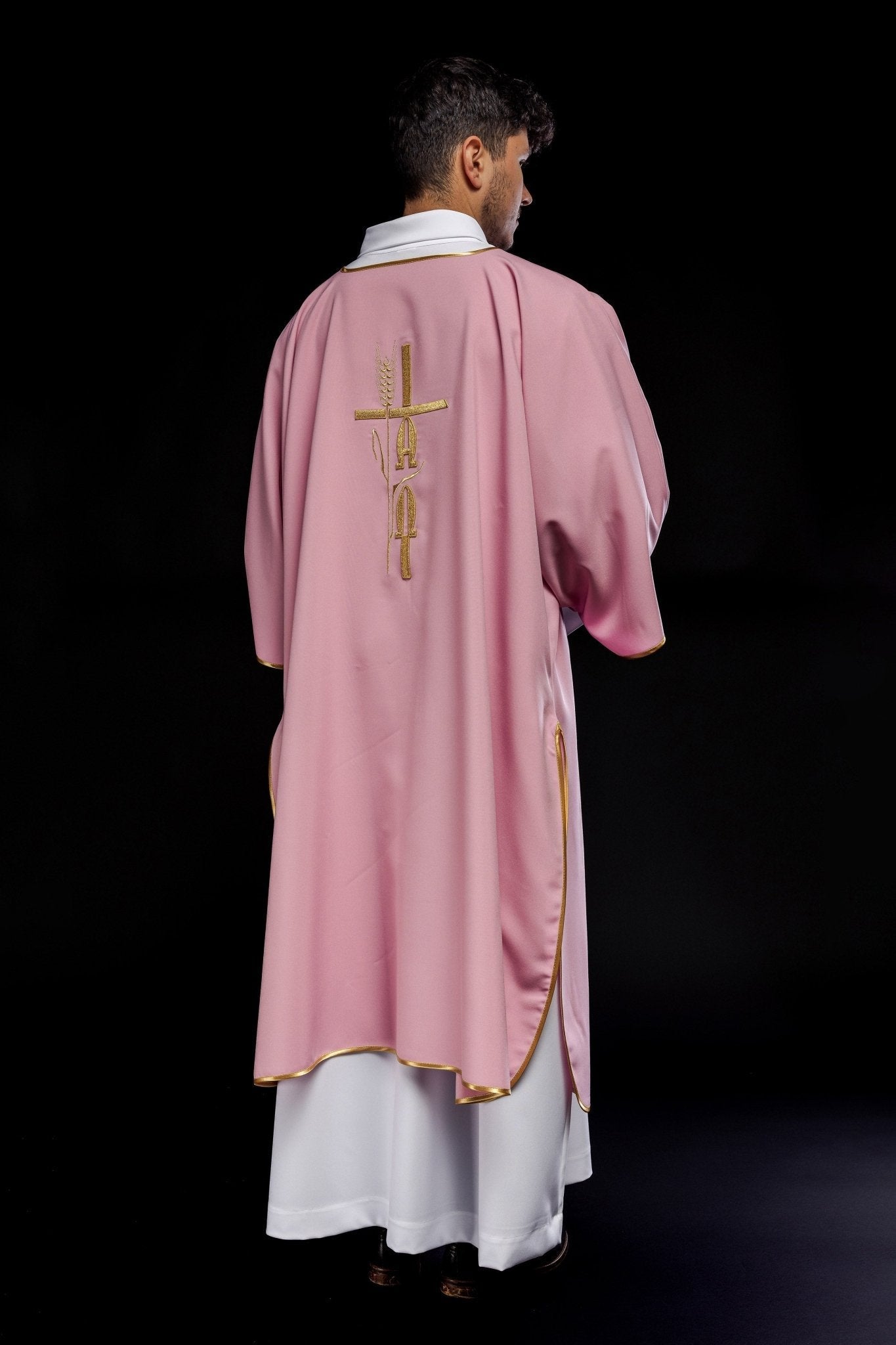 Pink deacon dalmatic with Alpha Omega embroidery KDL/013/08/12/D - HAFTINAUSA.COM