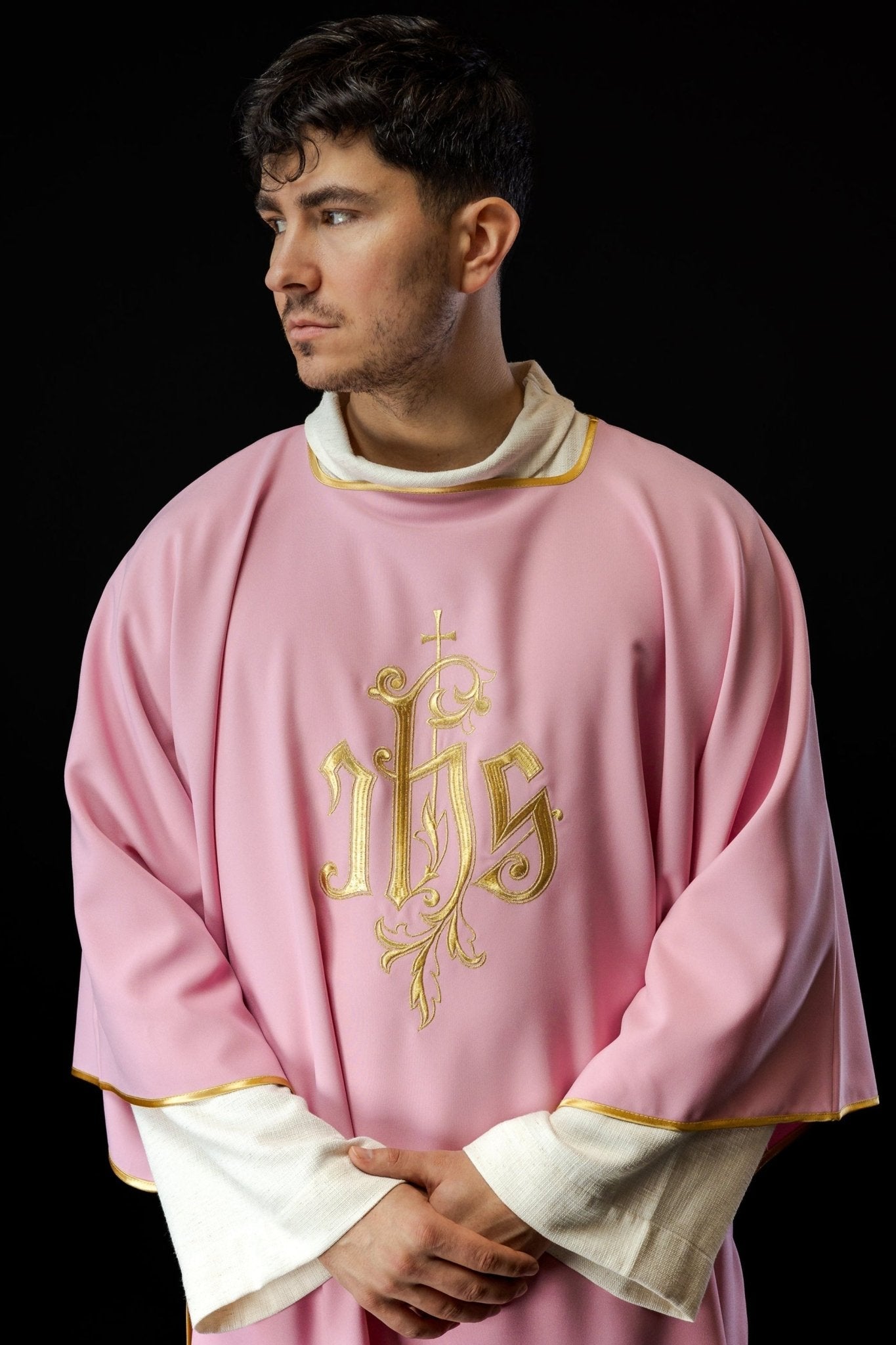 Pink IHS Embroidered Dalmatics KDL/032/08/12/D - HAFTINAUSA.COM