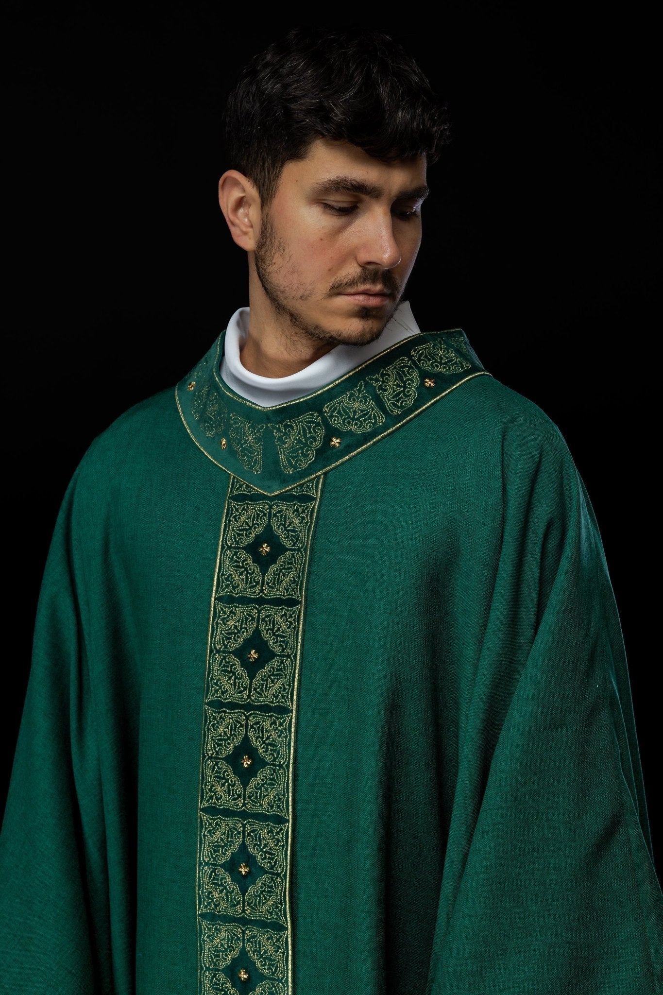 Priest robe made of green velvet texture S - 7057 - 01 - 70 - HAFTINAUSA.COM