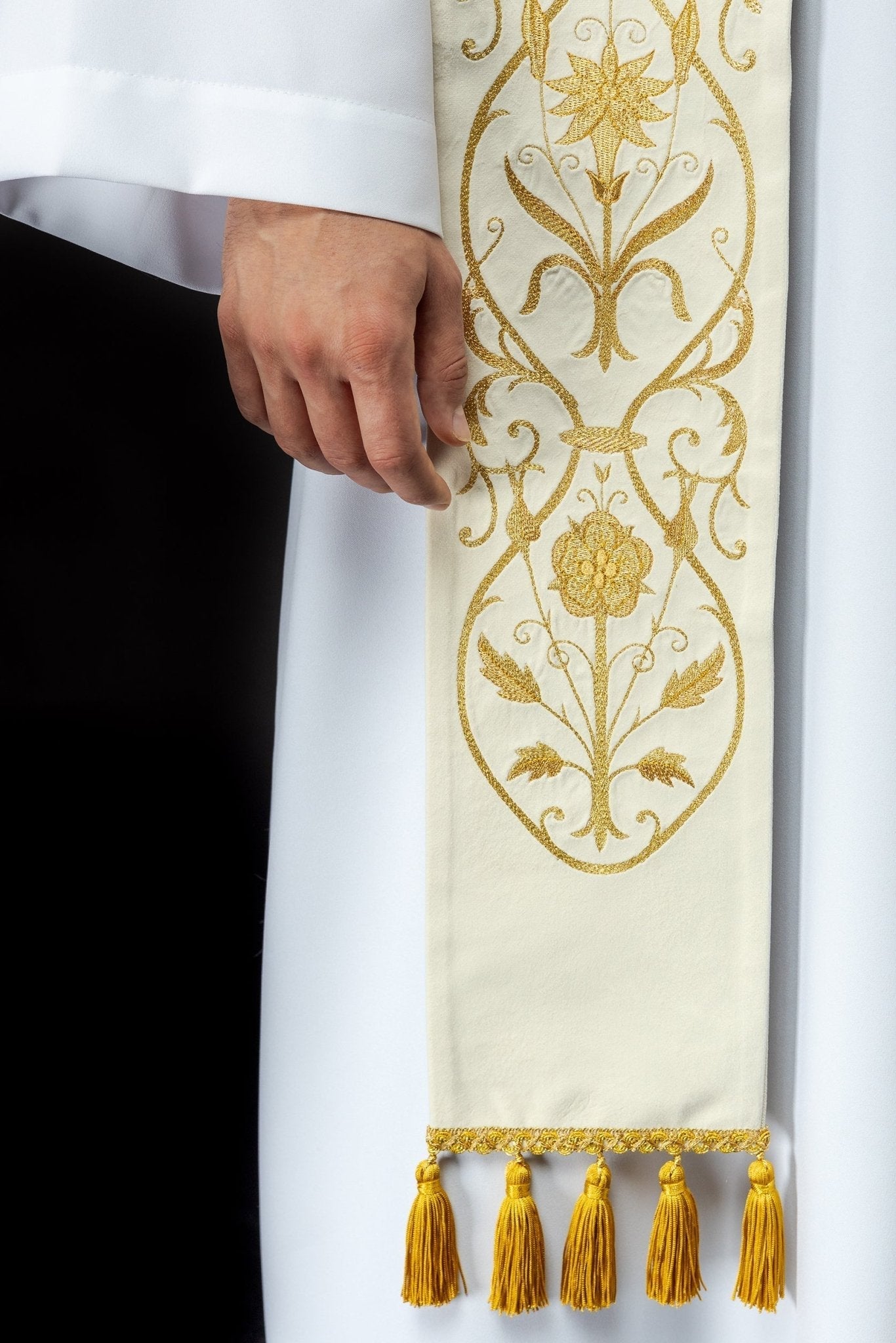 Priest stole in Ivory with embroidered gold JHS and tassels S - 2052 - 05 - 76 - HAFTINAUSA.COM