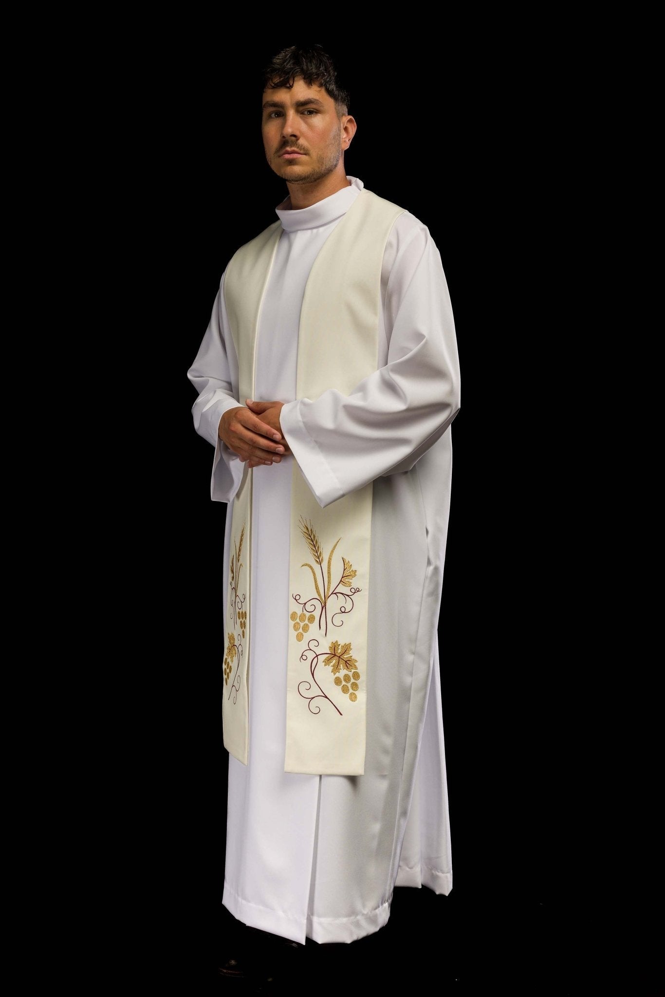 Priestly stole with grape and wheat embroidery in ecru KST/003/05/01 ECRU - HAFTINAUSA.COM