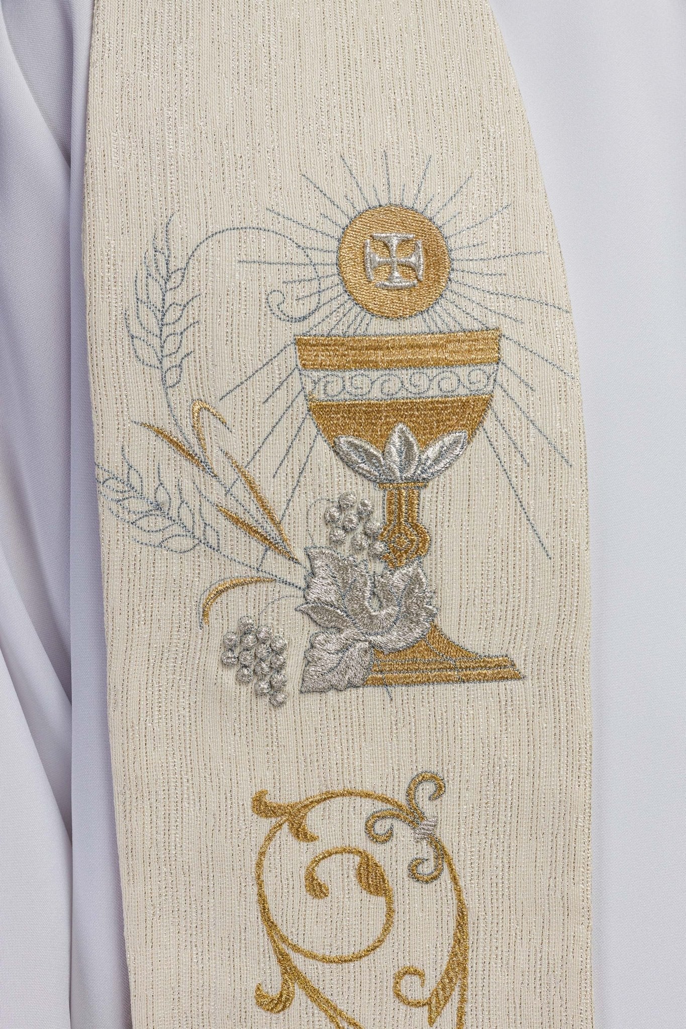 Priest's stole with embroidered IHS and Eucharistic chalice ecru KST/508/05/42 ECRU - HAFTINAUSA.COM