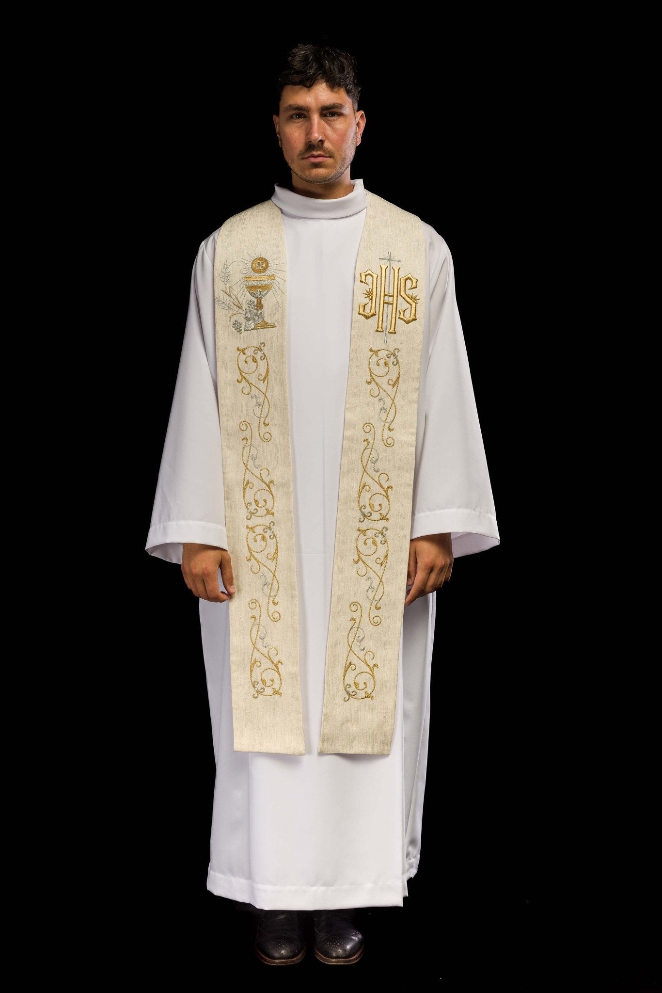 Priest's stole with embroidered IHS and Eucharistic chalice ecru KST/508/05/42 ECRU - HAFTINAUSA.COM