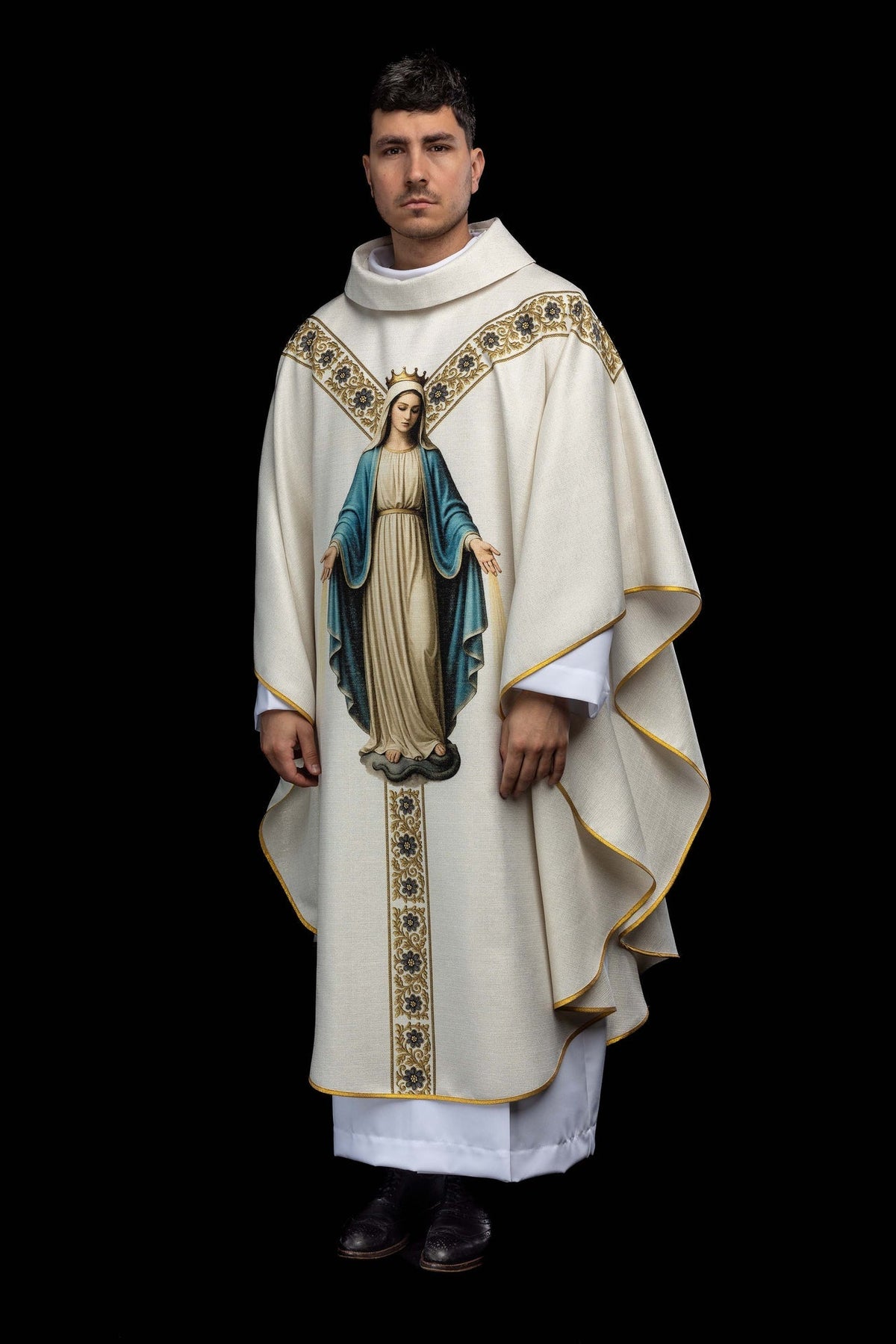 Front view of the printed chasuble with the image of the Immaculate Conception, showing Mary in blue and gold