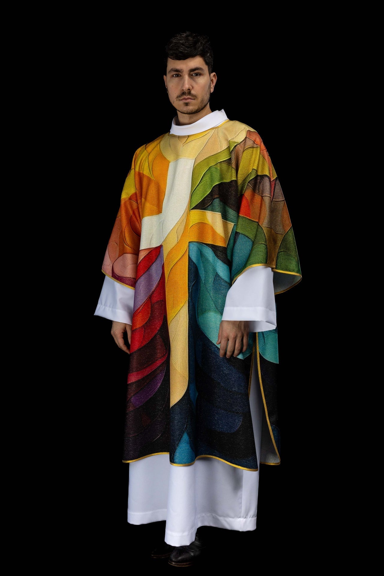 Printed colorful dalmatic with a cross motif KOD/1005/99/40 - CHASUBLES.COM