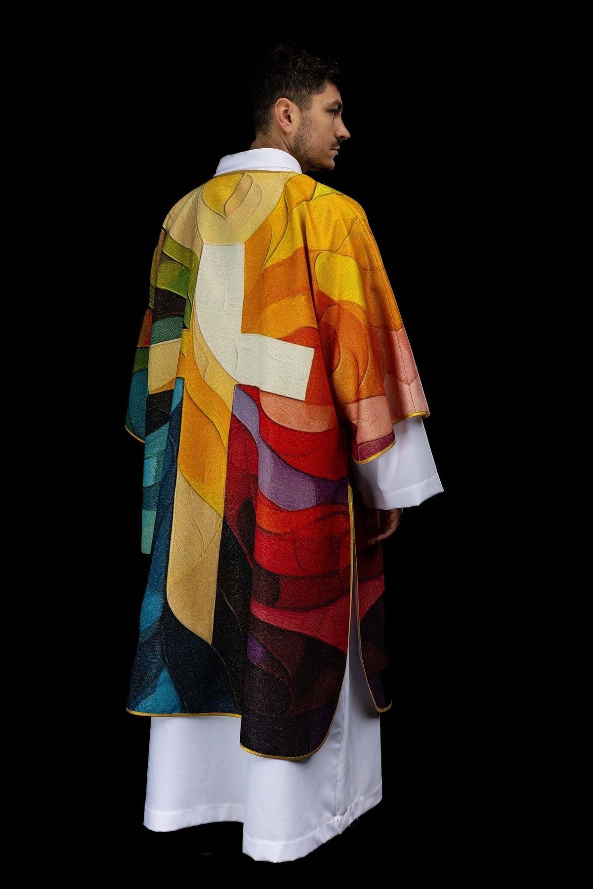 Printed colorful dalmatic with a cross motif KOD/1005/99/40 - CHASUBLES.COM