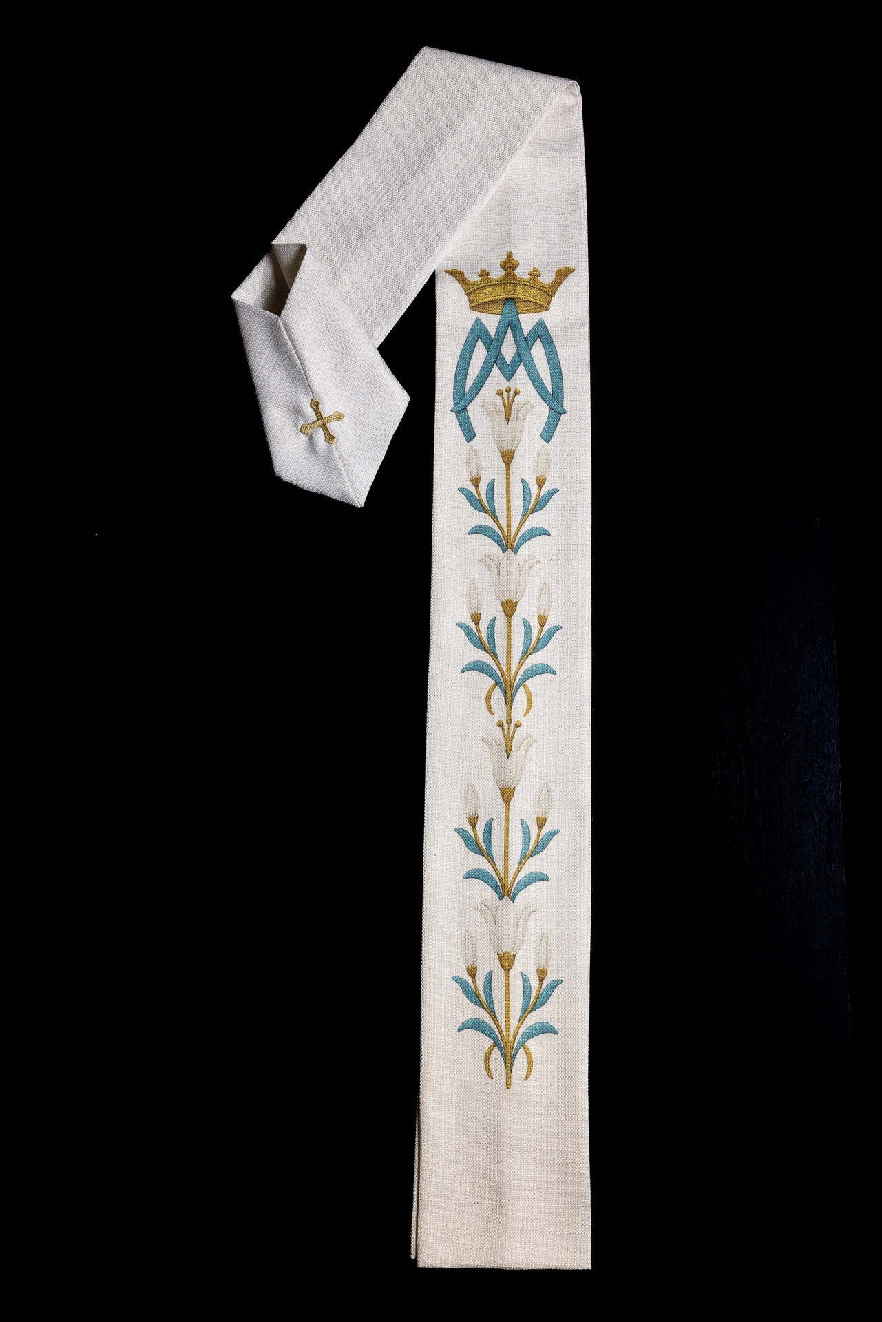 Printed Marian Chasuble with Lily Pattern and Monogram Ecru KOD/7002/05/40 - CHASUBLES.COM