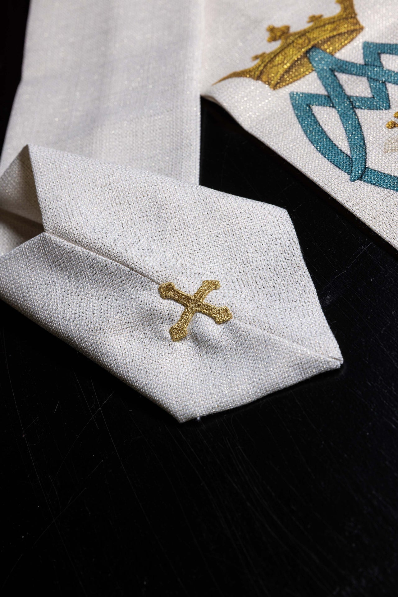 Printed Marian Chasuble with Lily Pattern and Monogram Ecru KOD/7002/05/40 - CHASUBLES.COM