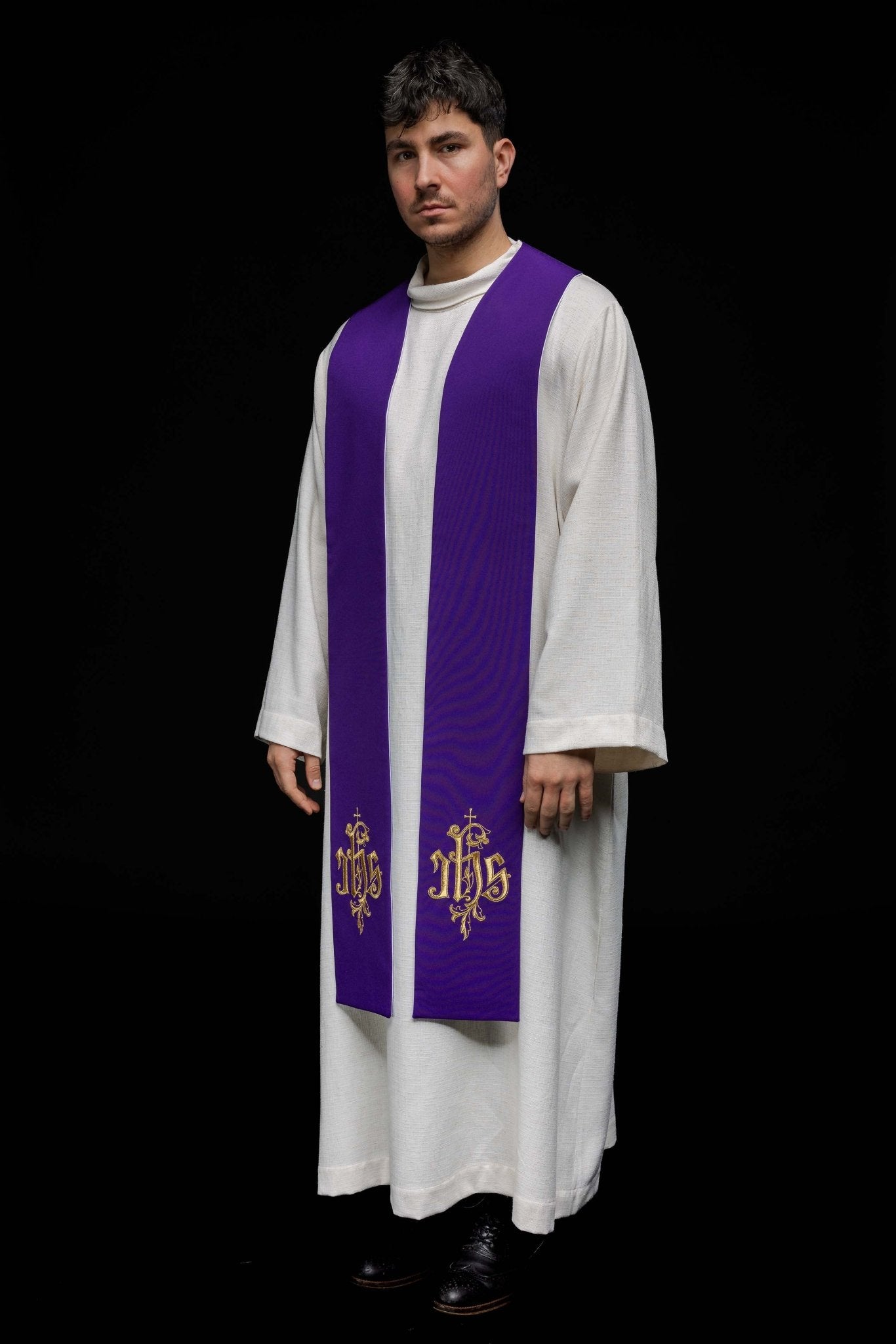 Purple and White embroidered IHS stole KST/053/03 - 04/01 FIOLET - BIAŁY - HAFTINAUSA.COM