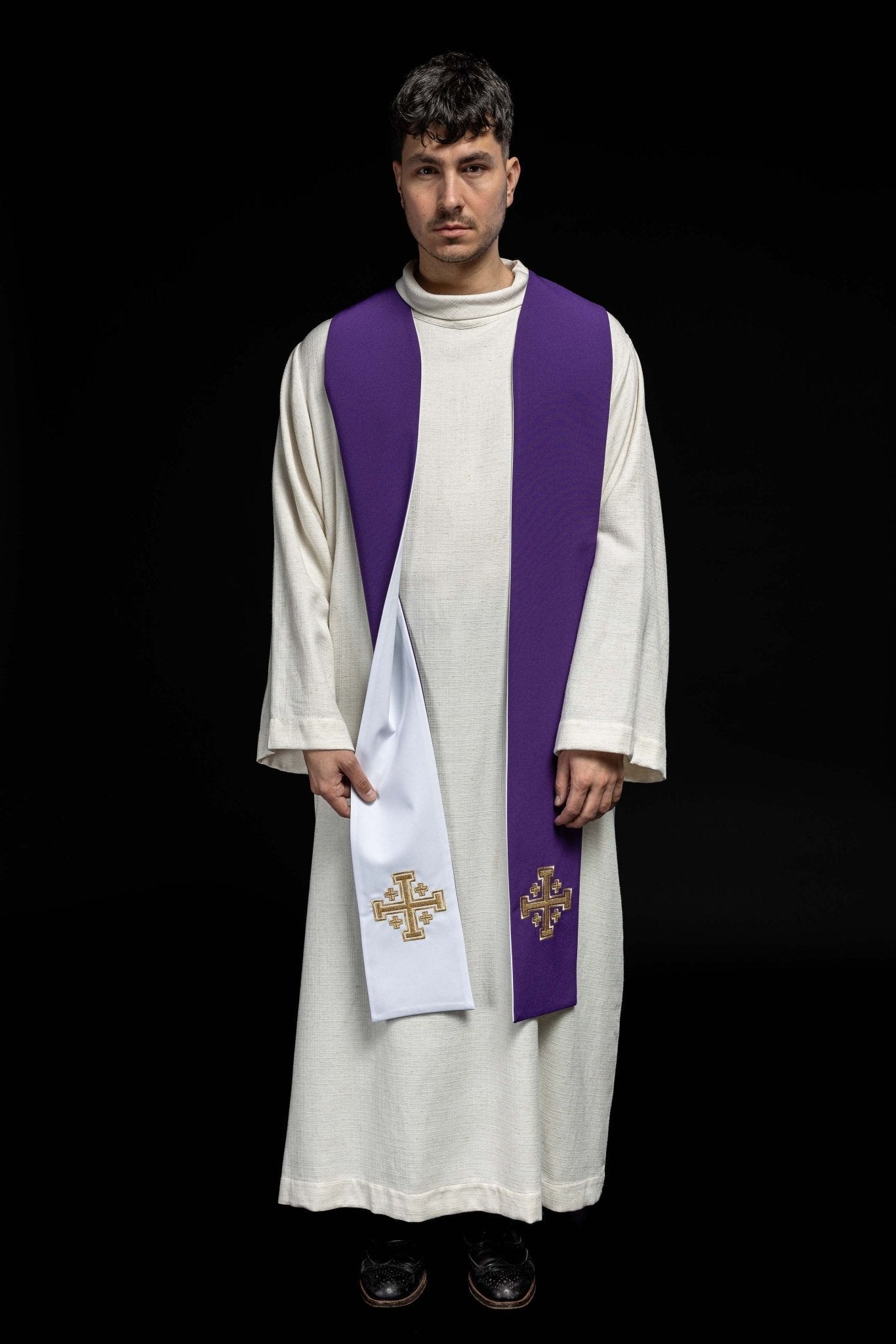 Purple and White Jerusalem Cross embroidered priestly stole KST/046/03 - 04/01 FILETOWO - BIAŁA - HAFTINAUSA.COM