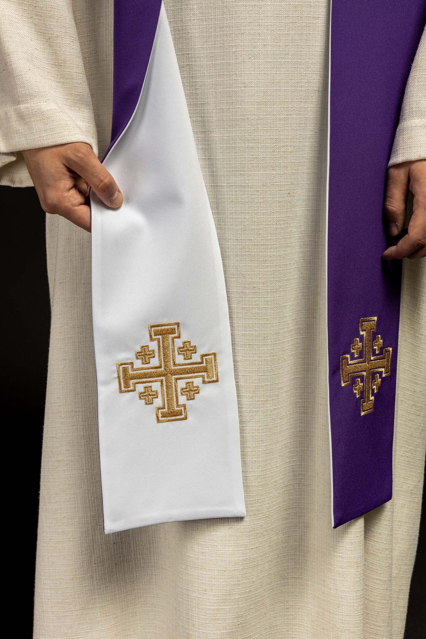 Purple and White Jerusalem Cross embroidered priestly stole KST/046/03 - 04/01 FILETOWO - BIAŁA - HAFTINAUSA.COM