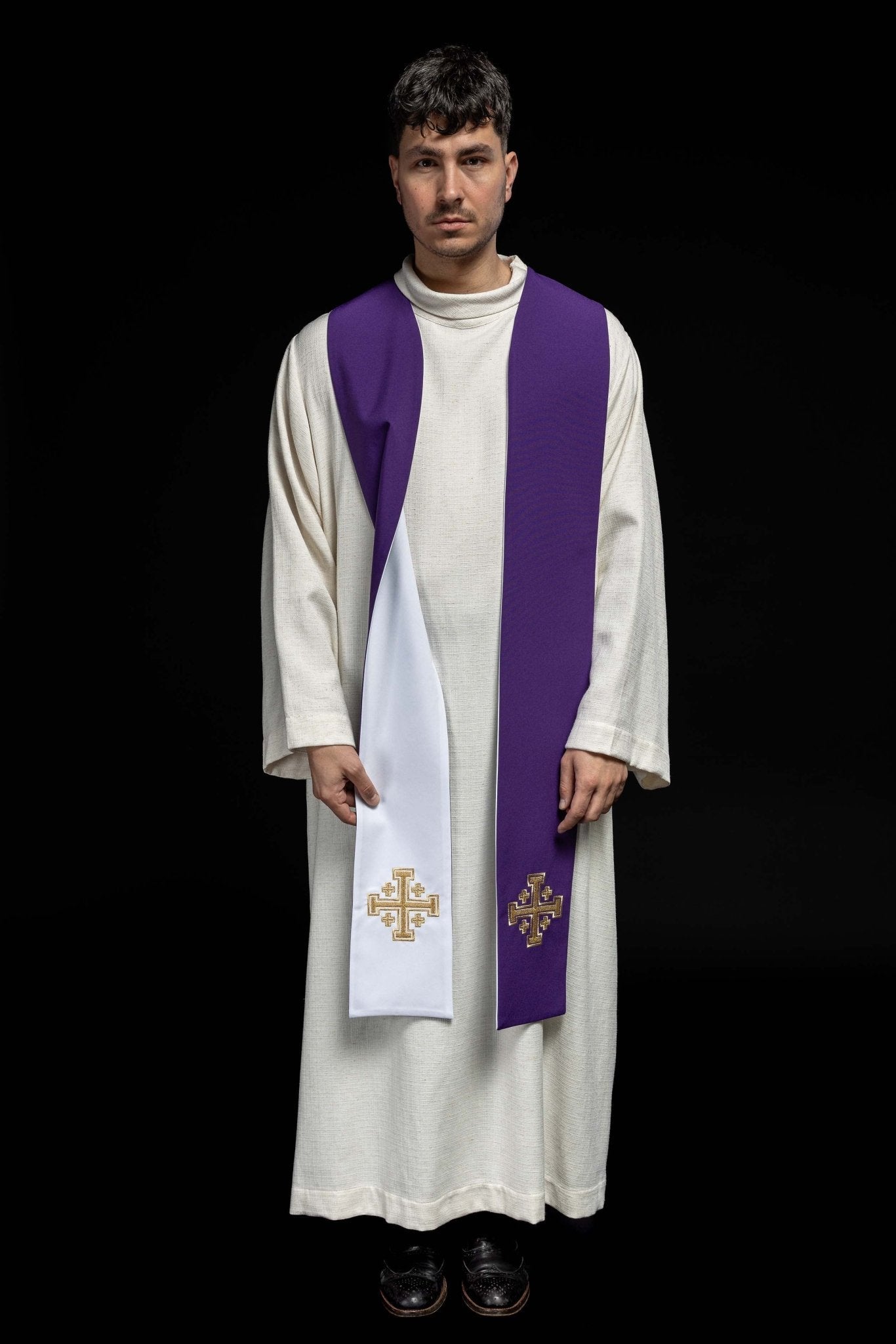 Purple and White Jerusalem Cross embroidered priestly stole KST/046/03 - 04/01 FILETOWO - BIAŁA - HAFTINAUSA.COM