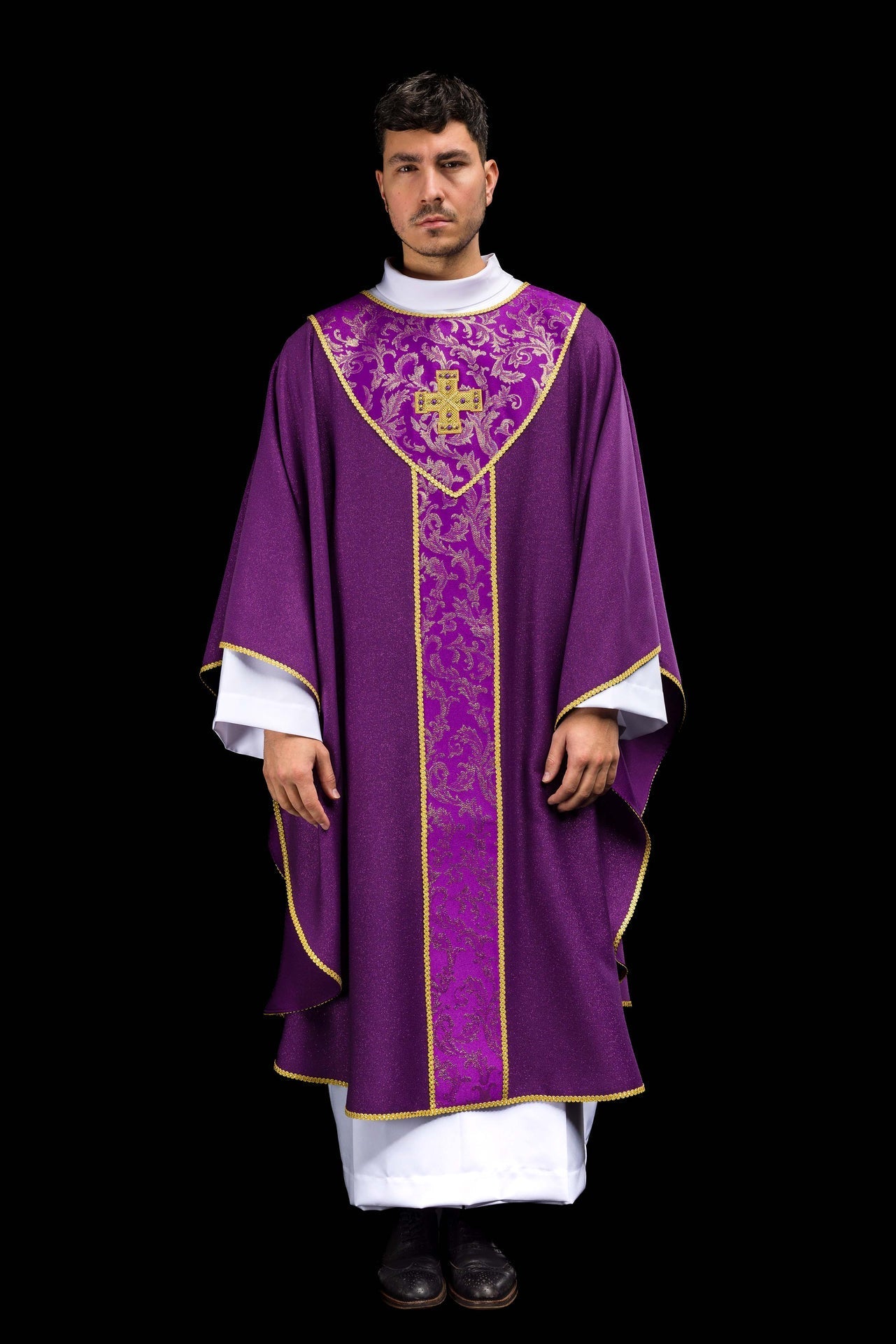 Purple Chasuble with Cross Adorned with Jacquard Fabric LE/7075/03 - CHASUBLES.COM