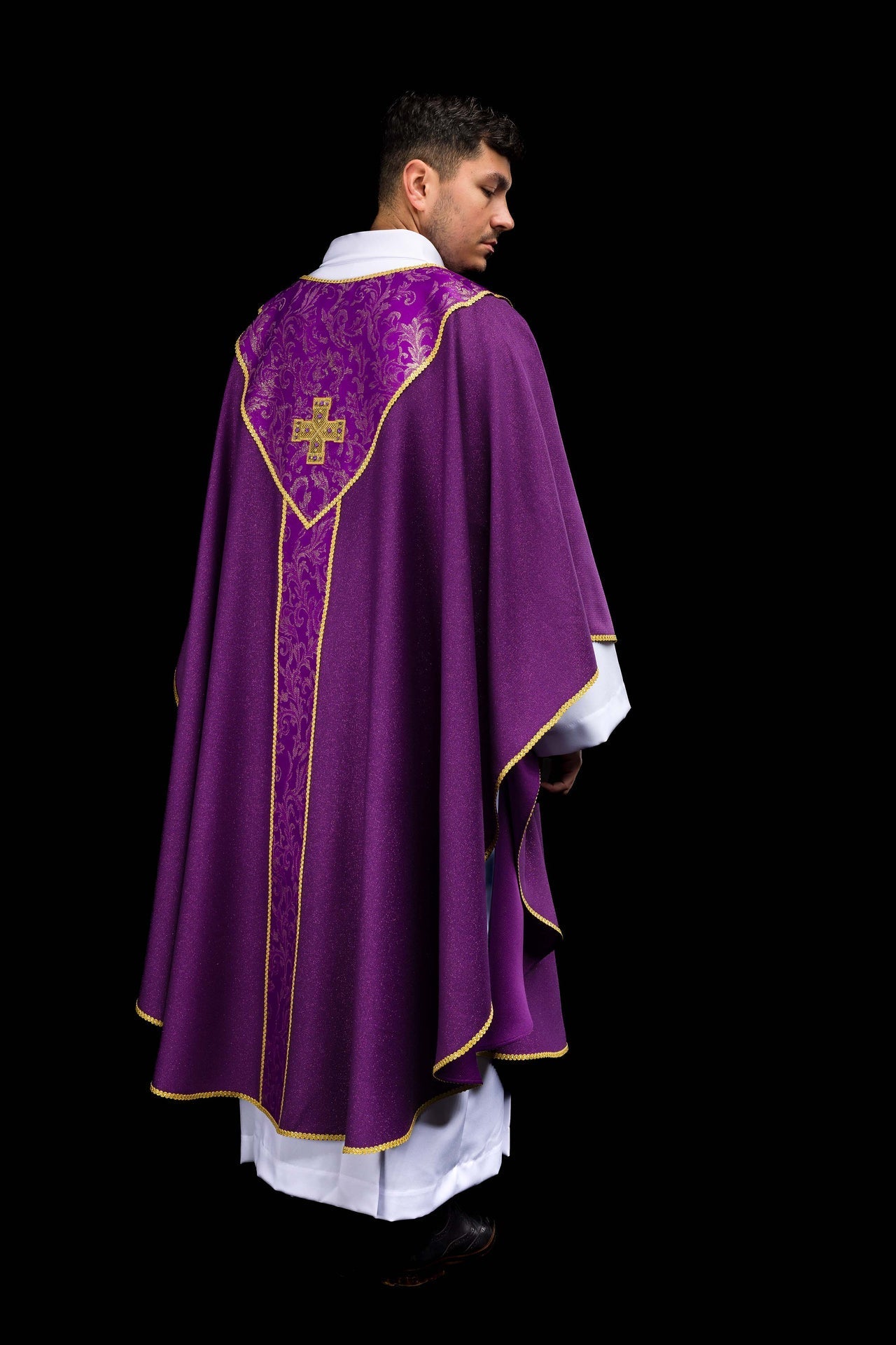 Purple Chasuble with Cross Adorned with Jacquard Fabric LE/7075/03 - CHASUBLES.COM